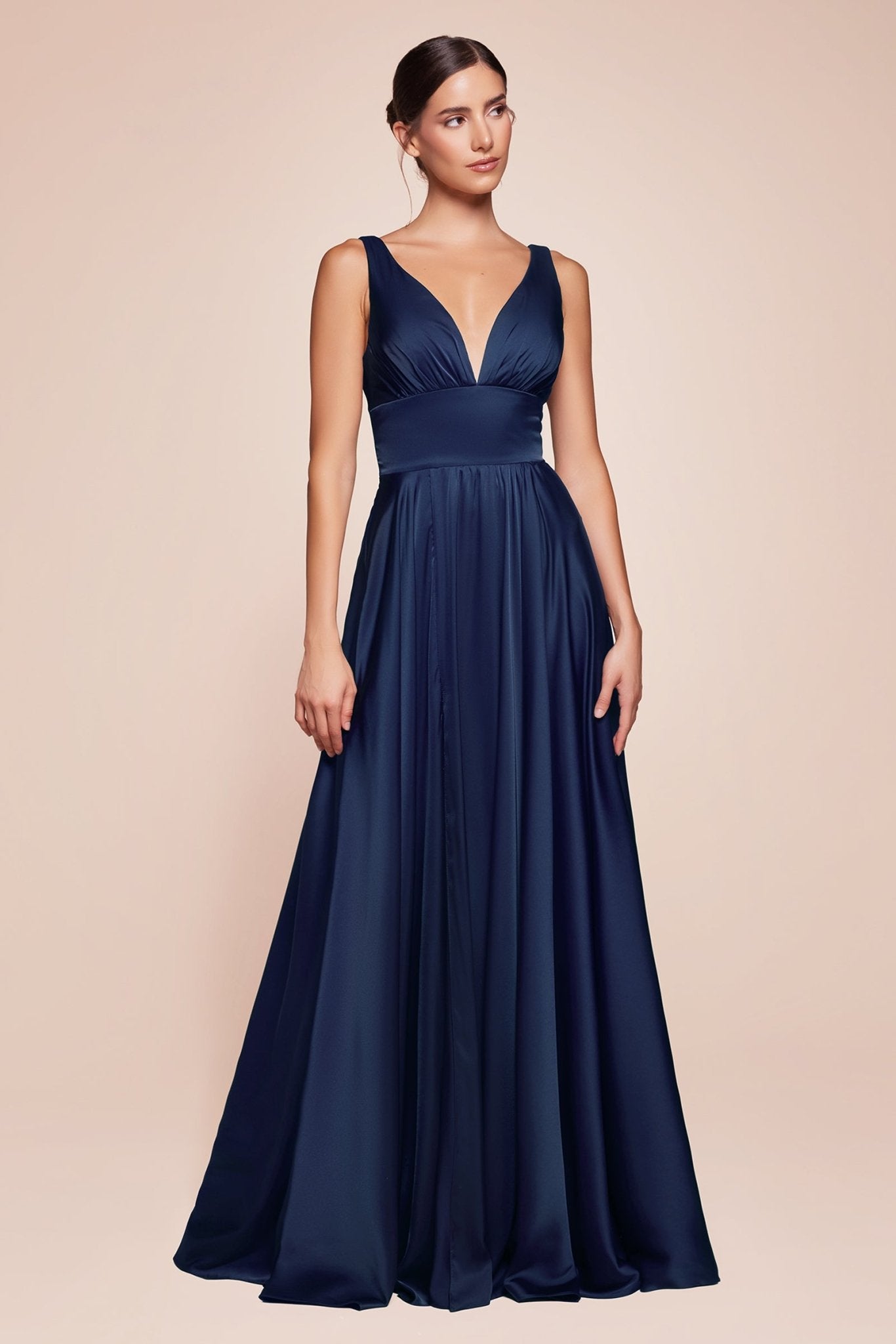 NELLIE deep V silky A-line bridesmaid dress with elegant satin fabric. Perfect for formal events. Brisbane to Gold Coast, Australia.