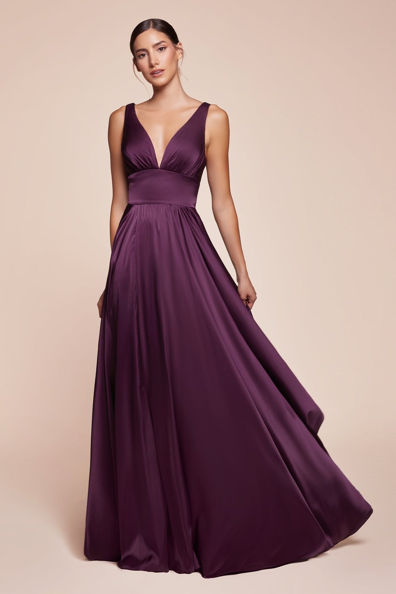 NELLIE Deep V Silky A-Line Bridesmaid Dress with satin sheen, elegant formal gown, Brisbane to Gold Coast, Australia