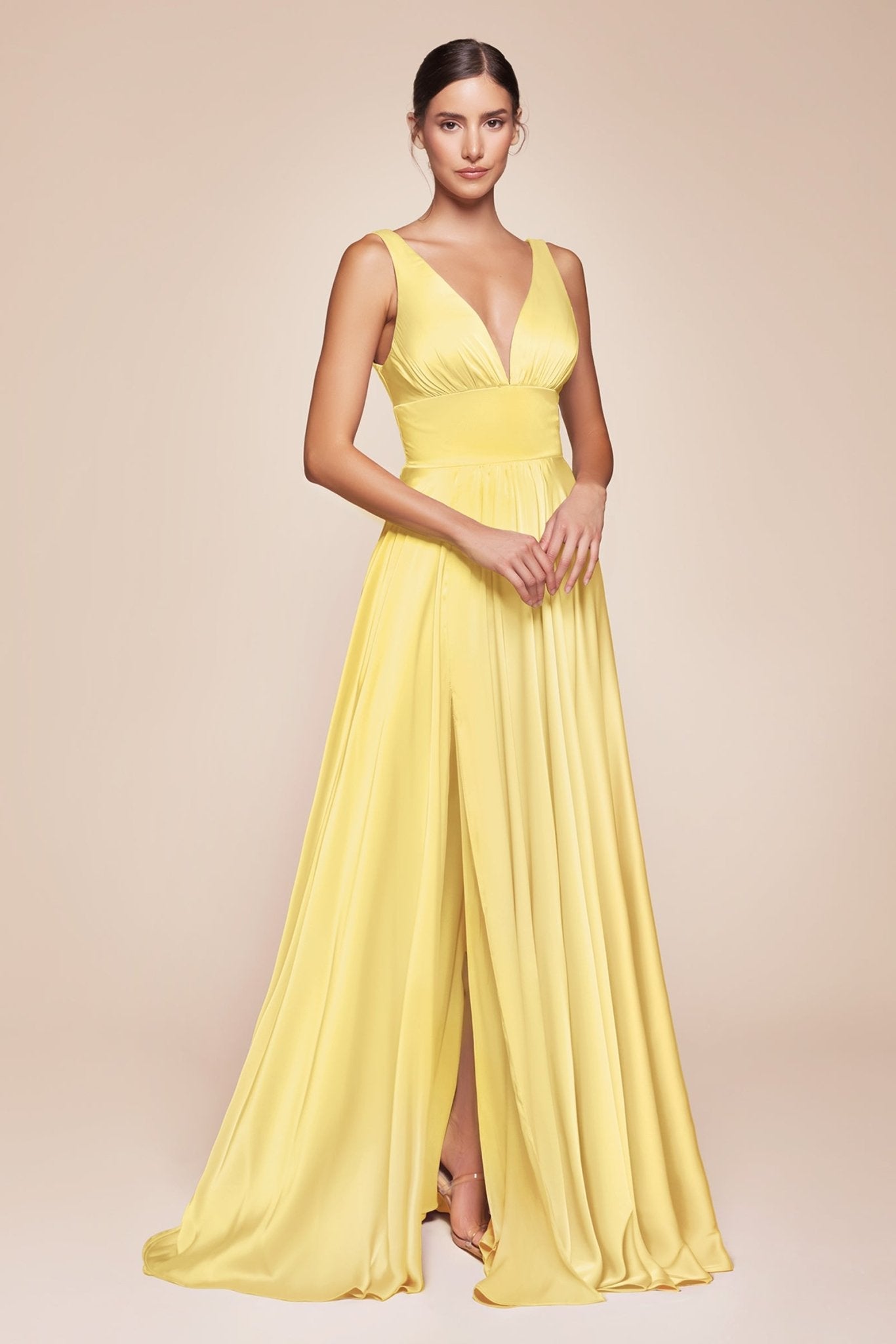 NELLIE bridesmaid dress with deep V-neckline and A-line silhouette in soft yellow satin, formal gown. Brisbane to Gold Coast.