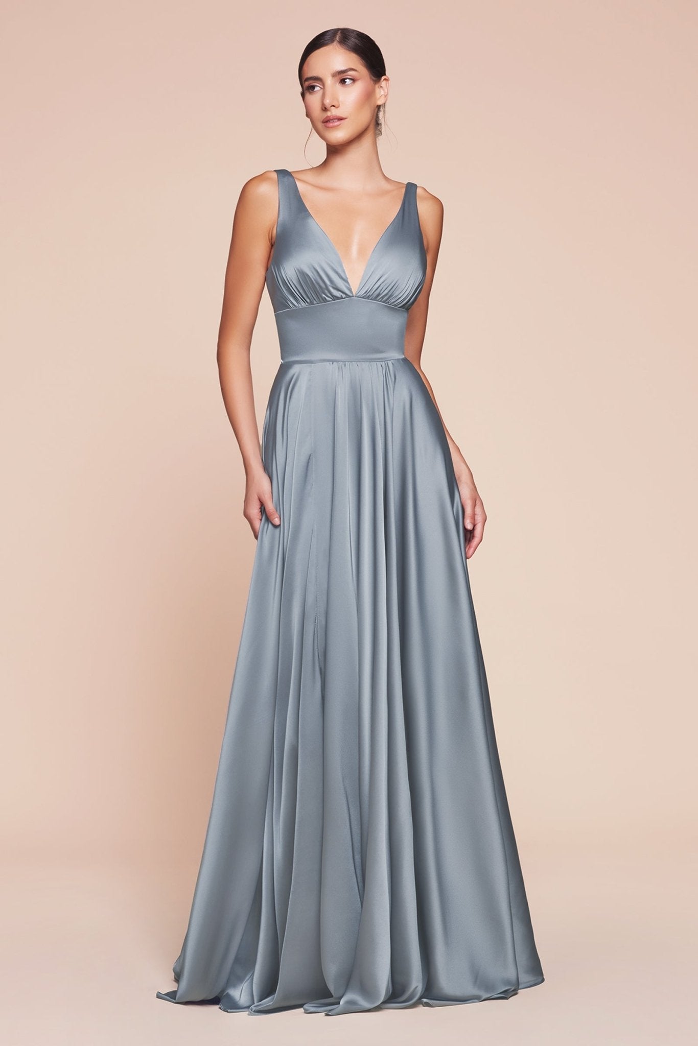 NELLIE Deep V silky A-line bridesmaid dress, grey satin, with deep V-neckline. Elegant formal gown from Brisbane to Gold Coast, Australia.
