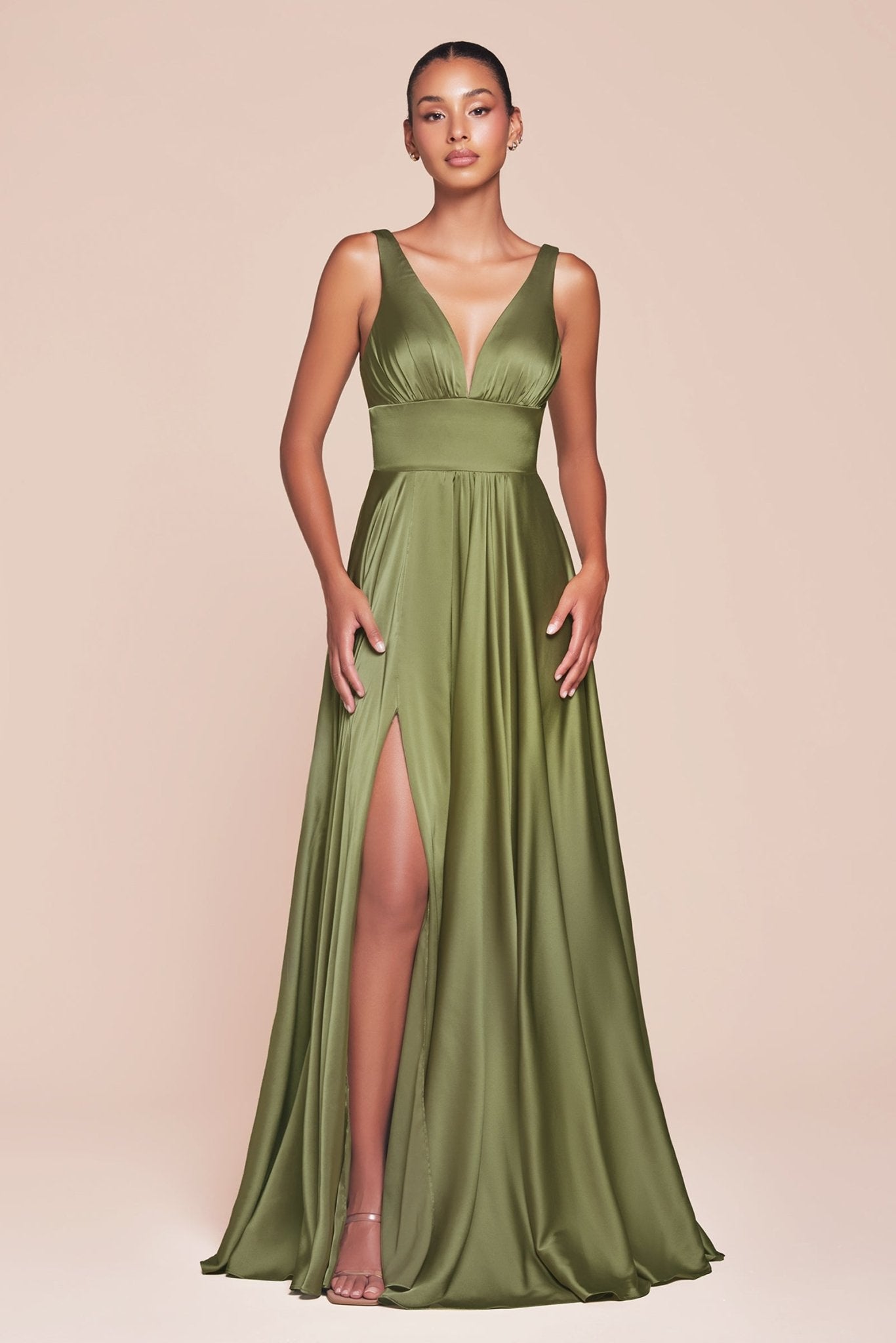 NELLIE Deep V-neck satin A-line bridesmaid dress with leg slit, perfect for formal occasions. Brisbane to Gold Coast, Australia.