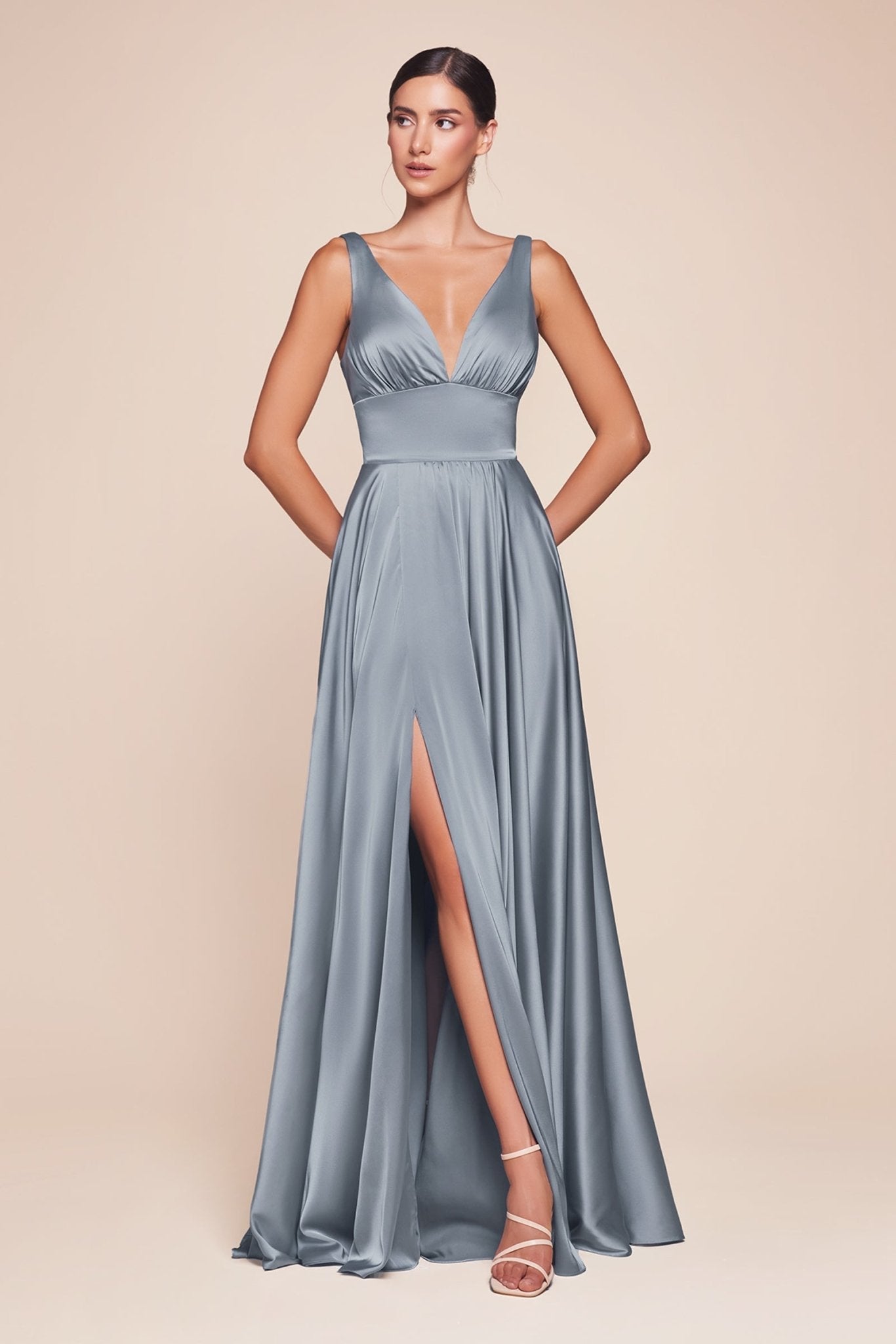 NELLIE Silk A-Line Dress with Deep V-Neck and Front Slit, Bridesmaid Formal Dress Brisbane to Gold Coast Australia