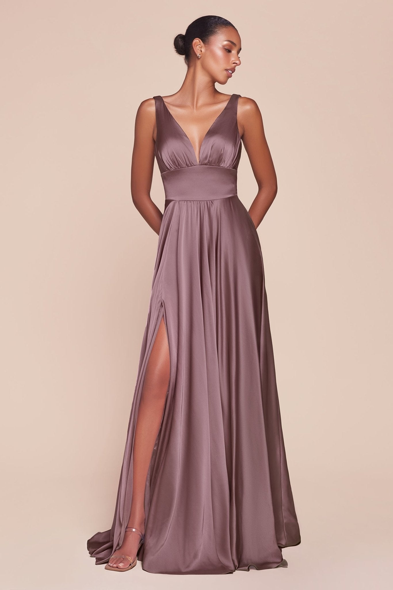 NELLIE Deep V front satin A-line bridesmaid dress with side slit, elegant formal gown. Brisbane to Gold Coast.