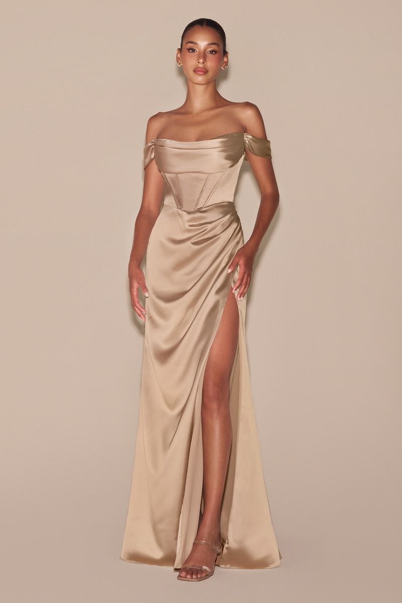 CECE Curve off-shoulder satin corset dress, draped bodice with leg slit, perfect for formal occasions. Brisbane to Gold Coast.