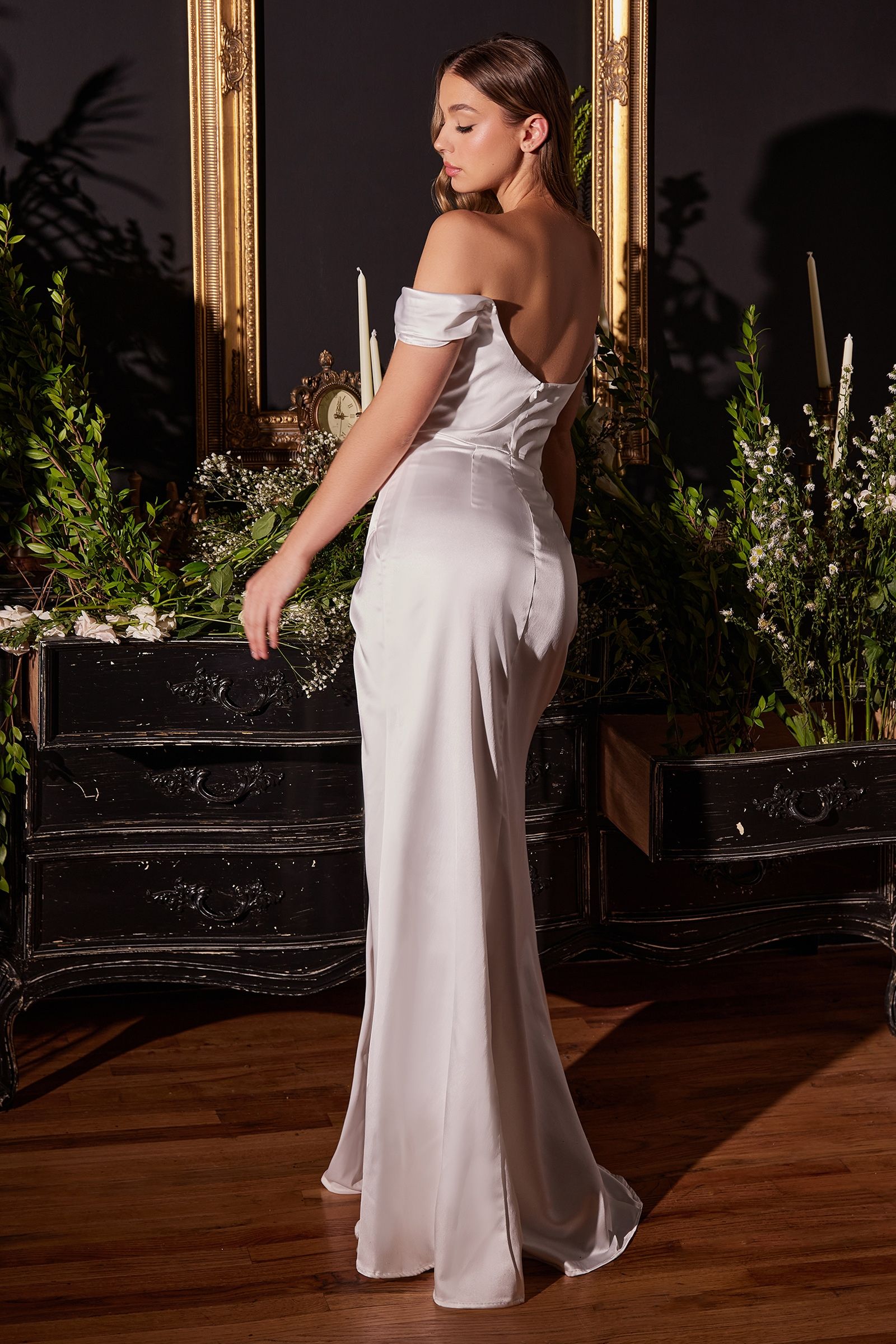 CECE off white satin off-shoulder corset formal dress, pleated cowl neckline, bridal gown, Brisbane to Gold Coast.