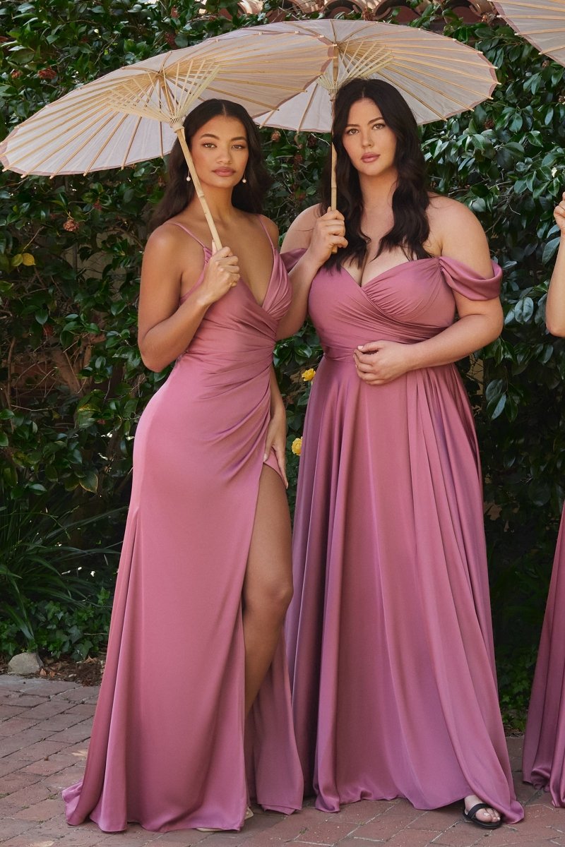 ELOISE Ruched Leg Split Bridesmaid Dress with a satin finish and V-neckline, semi formal gown perfect for any occasion. Brisbane to Gold Coast.