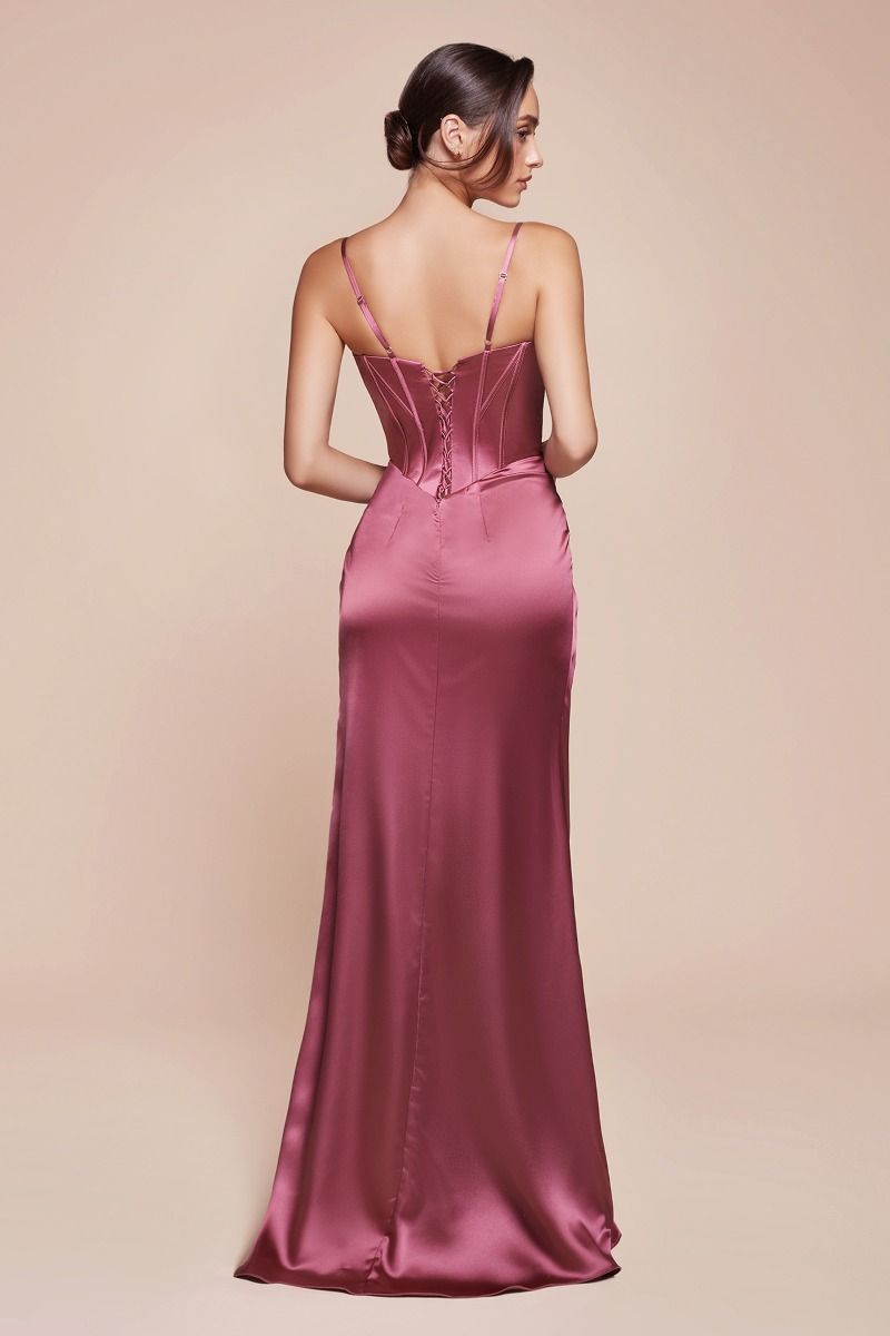 ZENA Satin Corset Dress with lace-up back and leg slit, ideal for bridesmaid or formal events. Brisbane to Gold Coast, Australia.