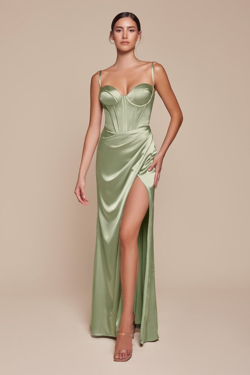 ZENA satin corset bustier dress with leg slit and structured bodice, elegant bridesmaid and formal gown, Brisbane to Gold Coast.