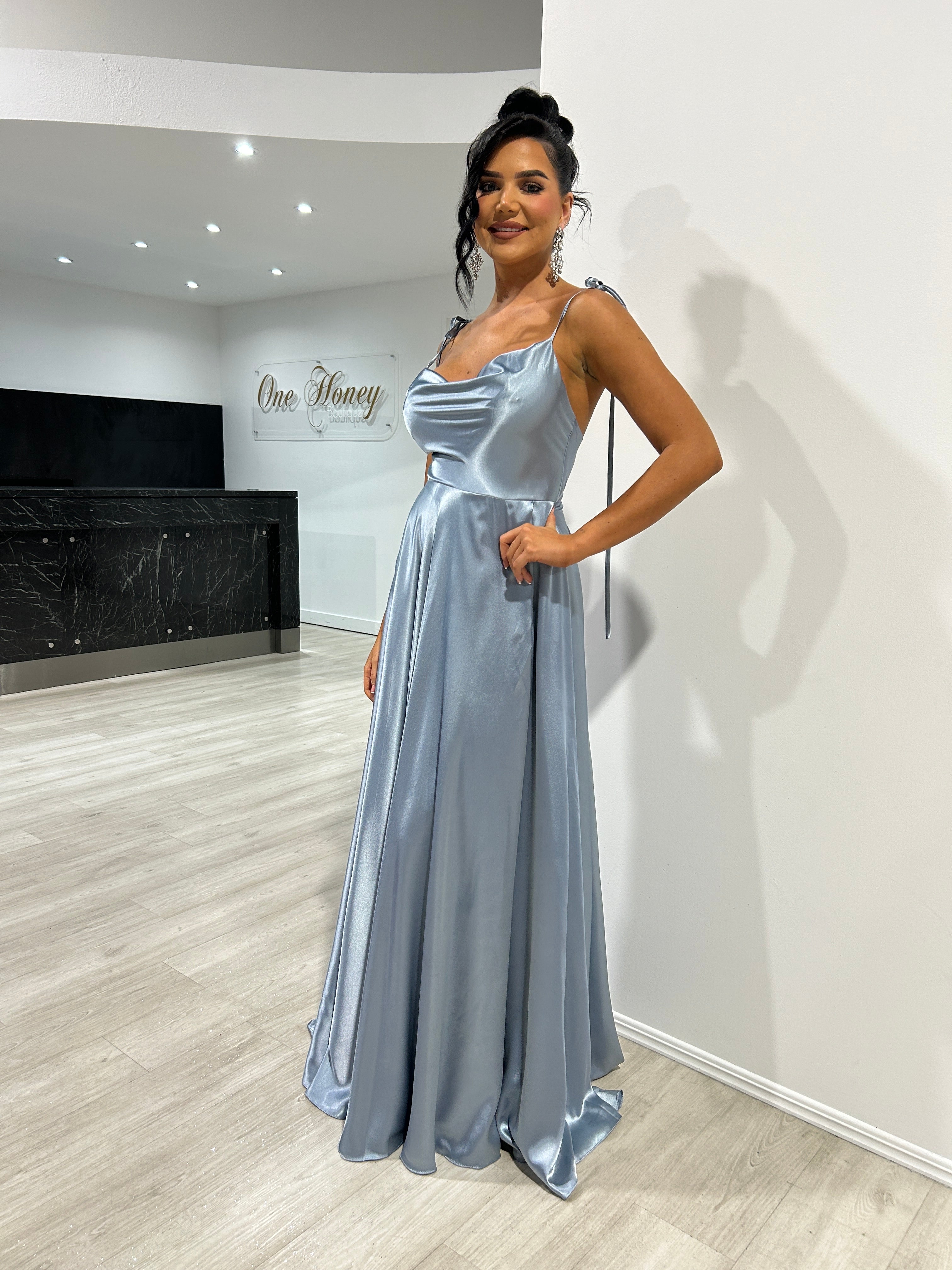 Honey Couture XENA Dusty Blue Tie Up A-Line Formal Bridesmaid Dress