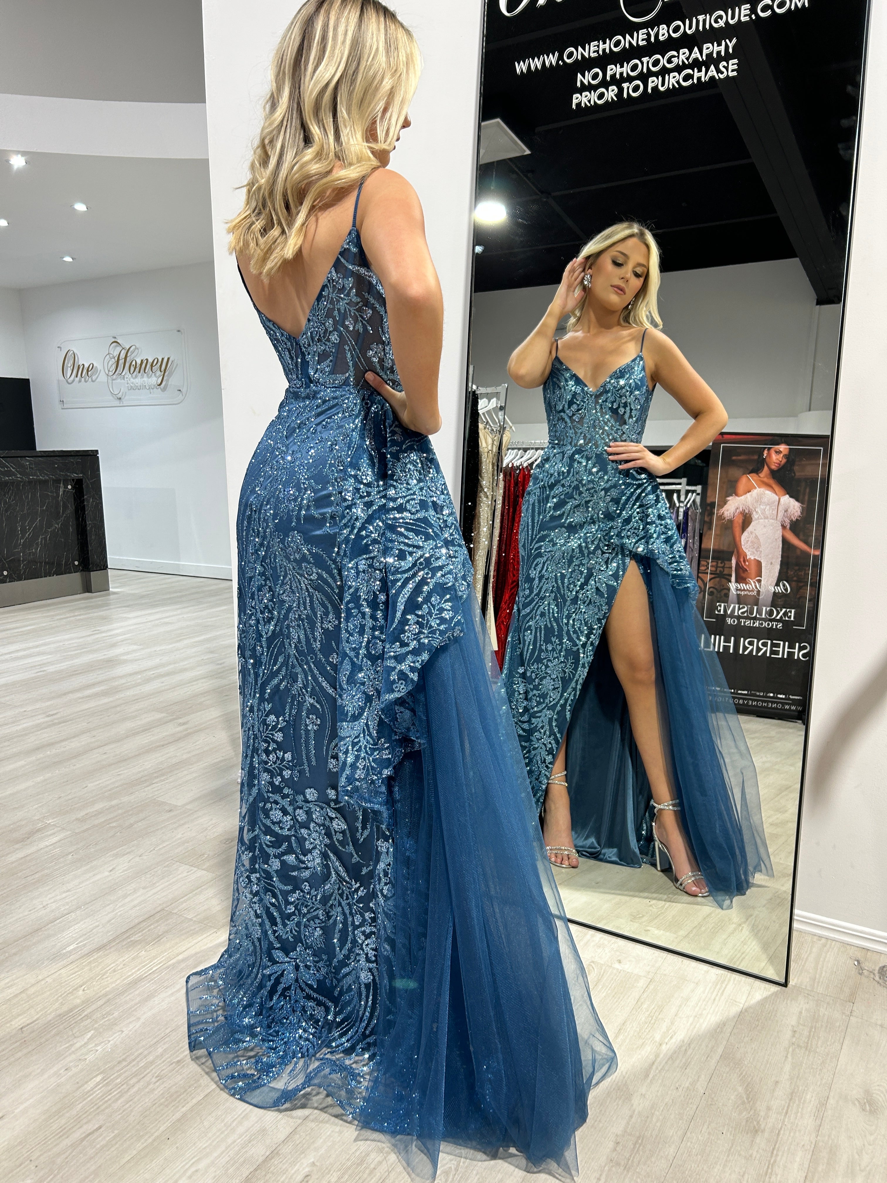 Honey Couture LOVAH Lapis Blue Glitter Corset Peplum Mermaid Formal Gown Dress