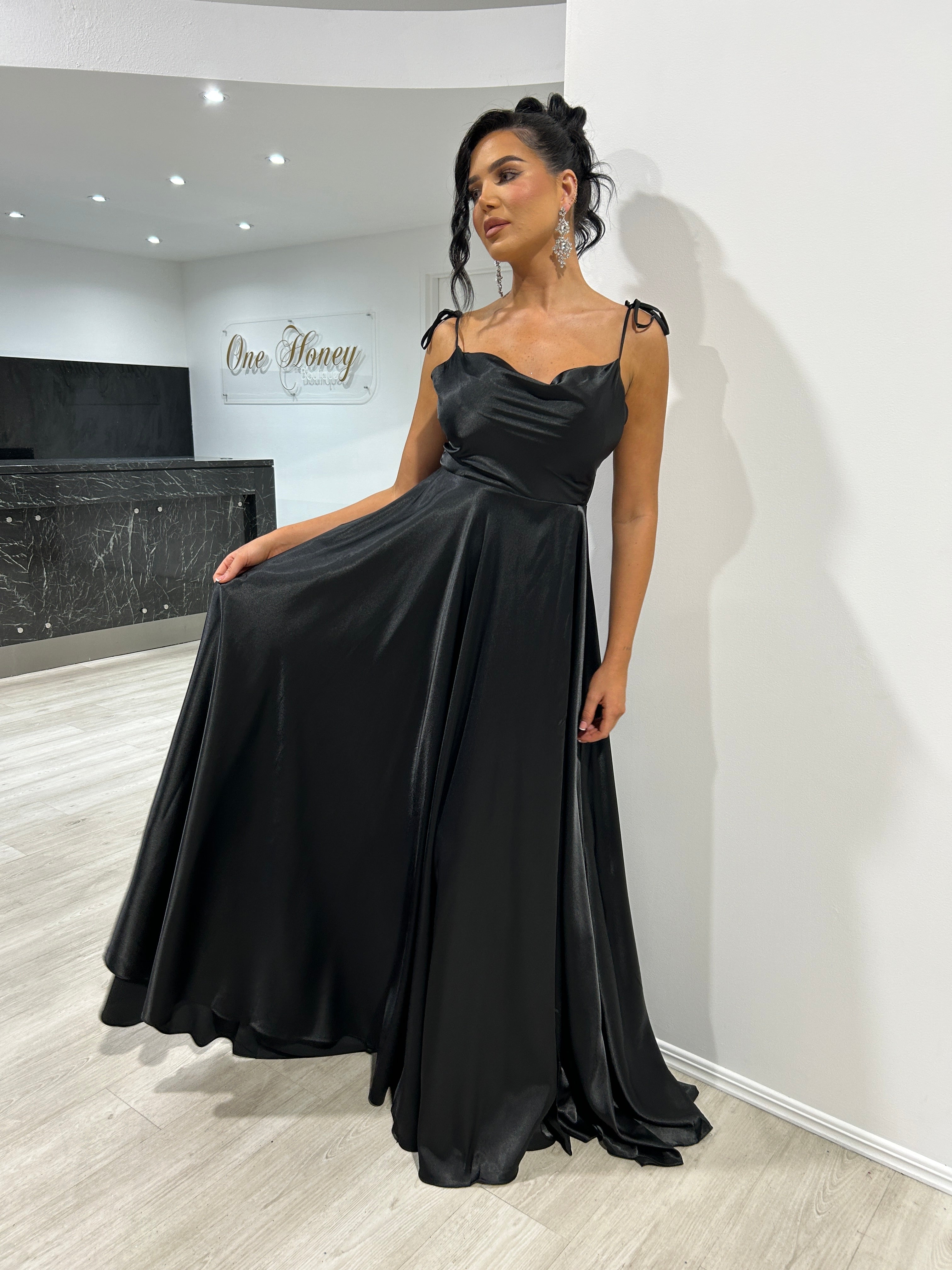 XENA silky black formal dress with adjustable spaghetti straps and flowing A-line silhouette, perfect for bridesmaids, Brisbane to Gold Coast.