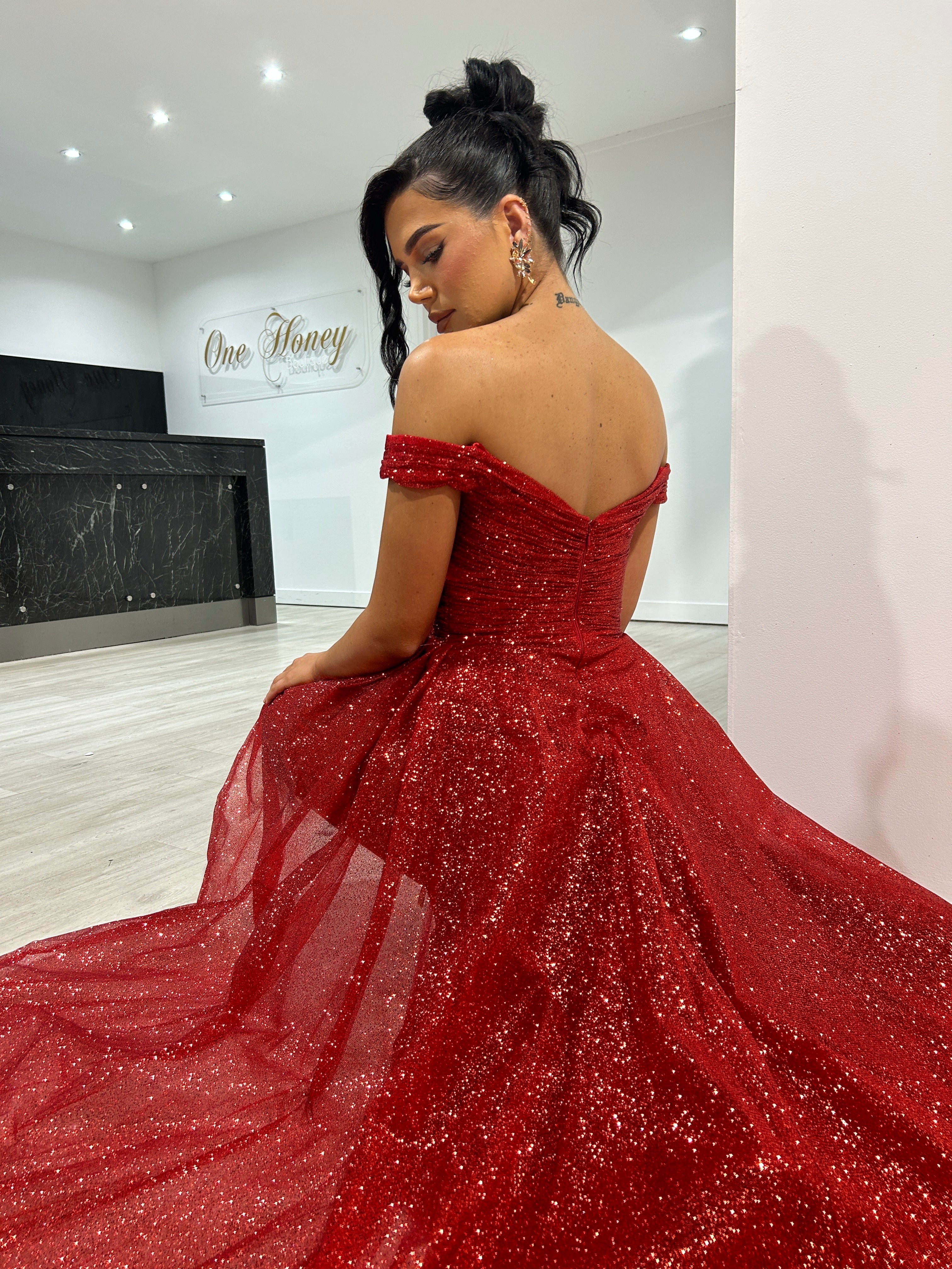 Honey Couture BEBE Red Glitter Off The Shoulder Overskirt Formal Dress