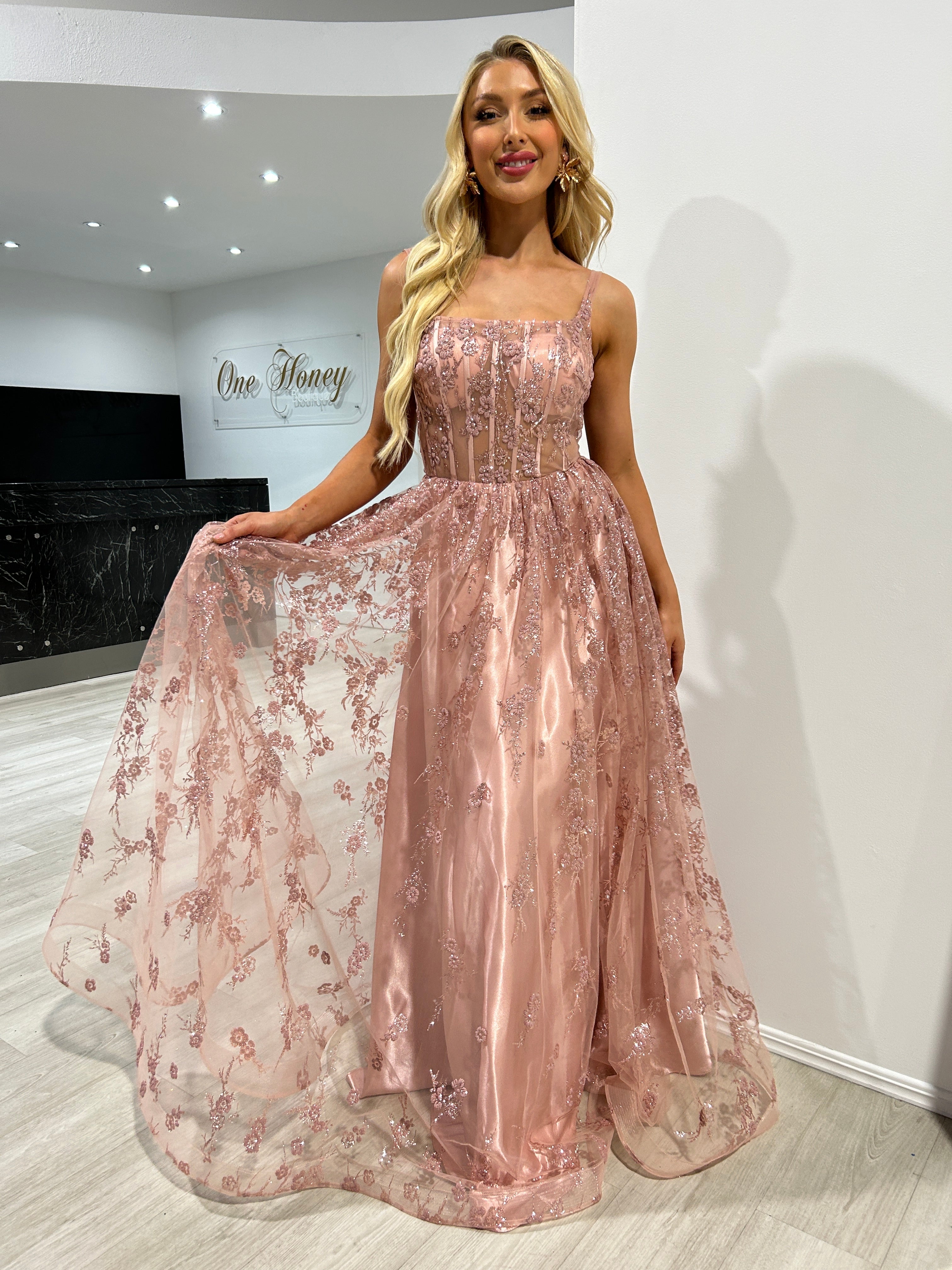Honey Couture BELLAMY Rose Gold Glitter Ball Gown Formal Dress