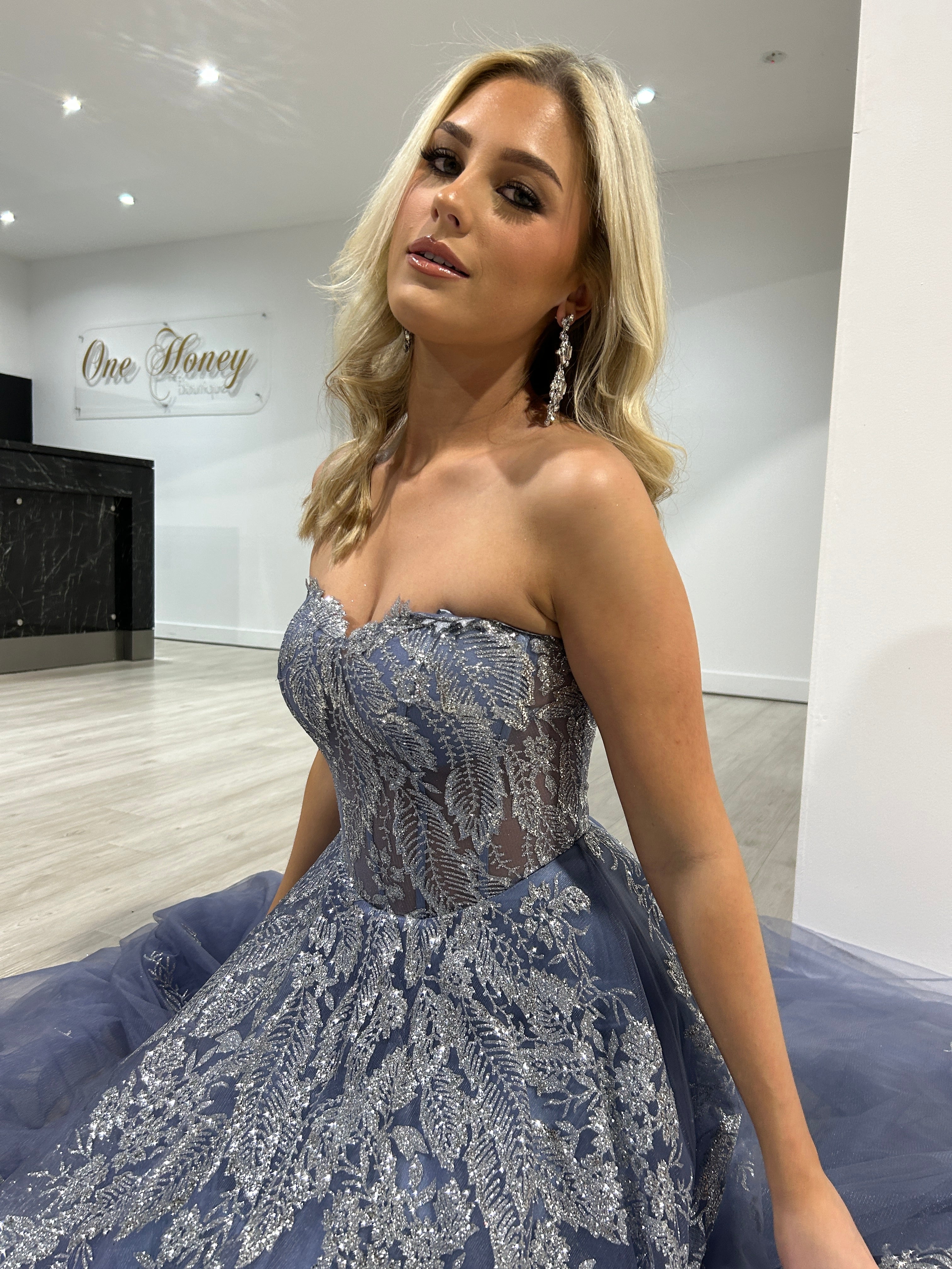 Honey Couture MERCER Smokey Blue Strapless Glitter Ball Gown Formal Dress