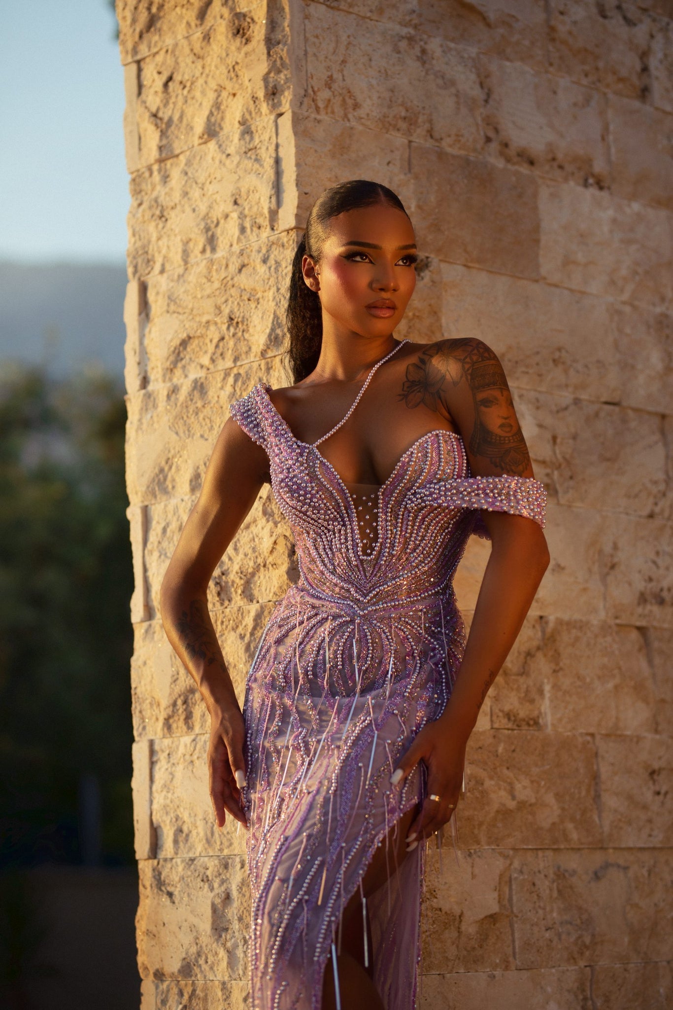 MINNA Fashion ESTELA Pink Beaded Fringe Off the Shoulder Mermaid Formal Dress Pink / S EURO MINNA Fashion ESTELA Pink Beaded Fringe Off the Shoulder Mermaid Formal Dress Pink / S EURO