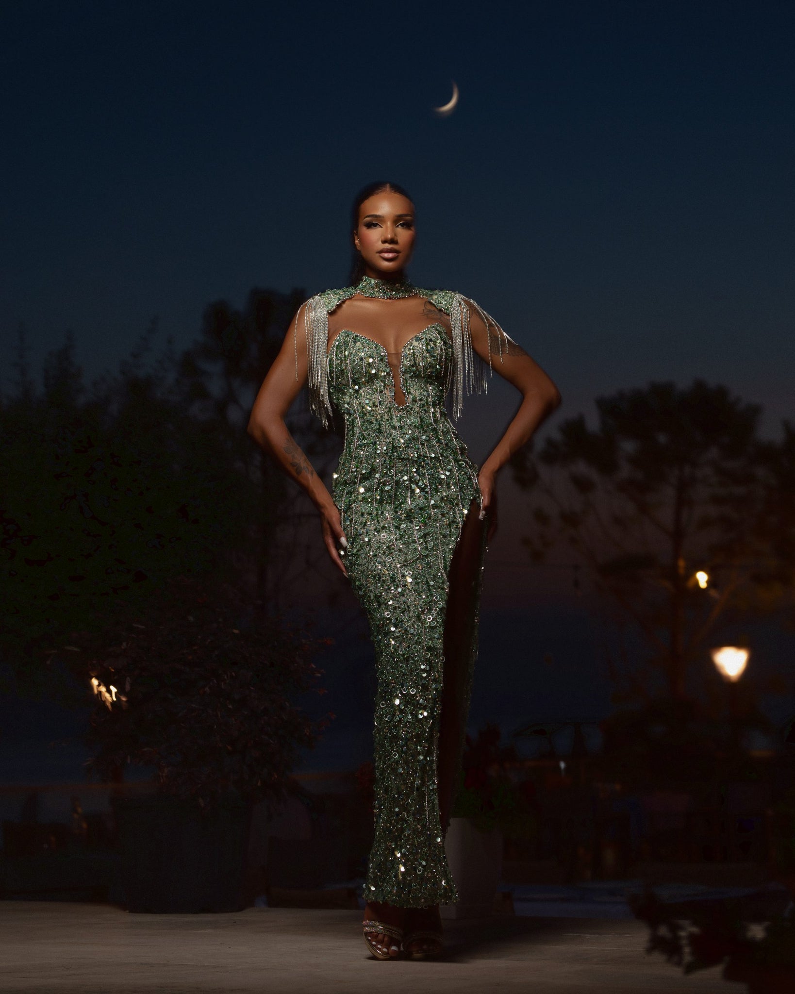MINNA Fashion ISABELLA Mint Sequin Neck Detail Mermaid Formal Dress with shoulder pads. Evening gown, Brisbane to Gold Coast.