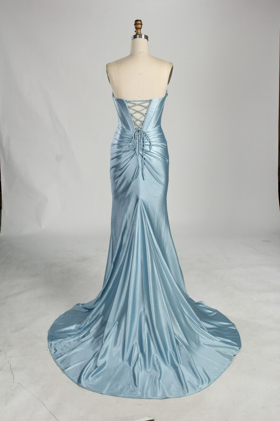 Back view of Honey Couture NOLANI satin mermaid formal dress with lace-up detail, designer prom dress from Australian formal store.