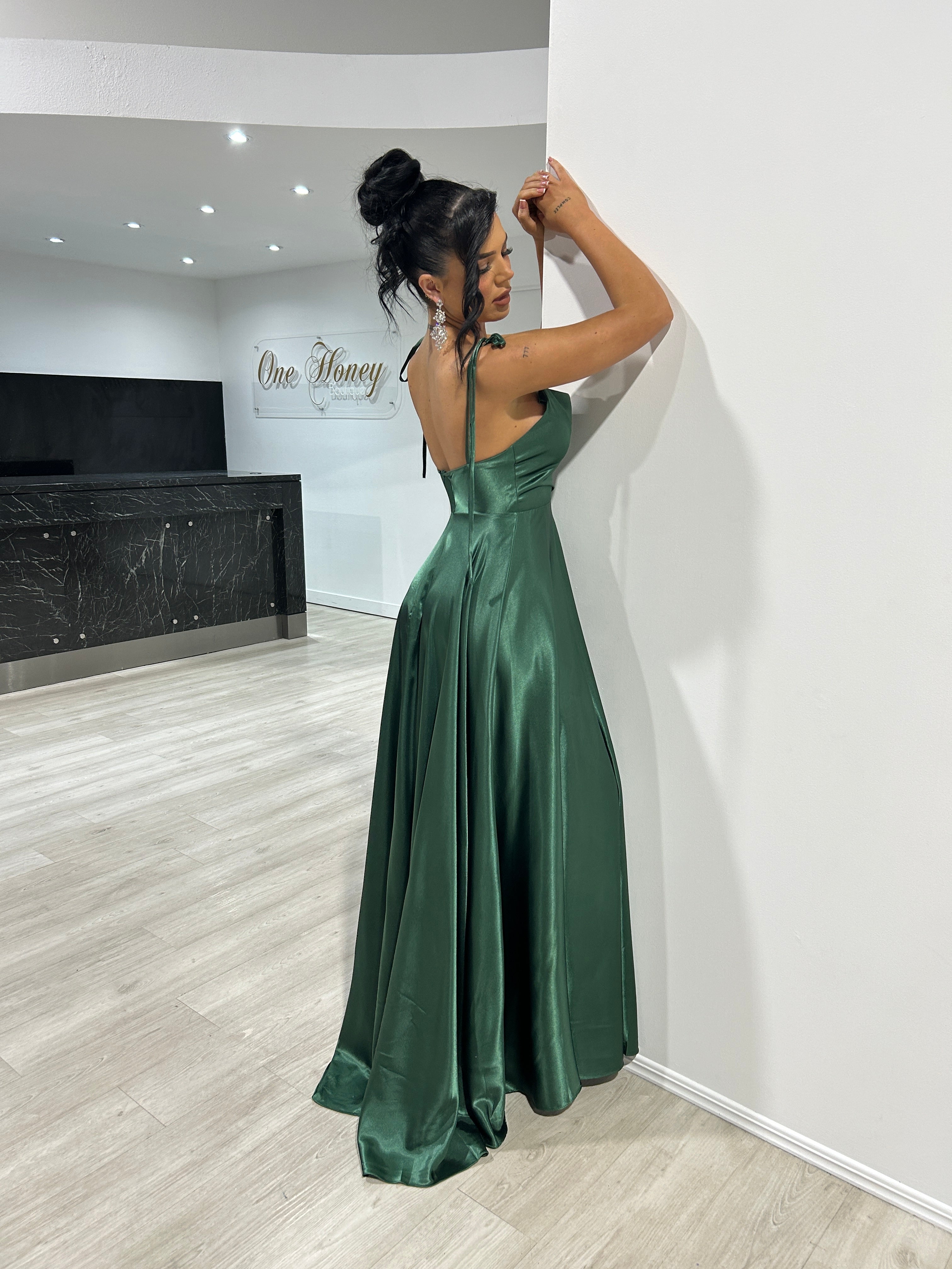 XENA Bridesmaid & Formal Dress with adjustable spaghetti ties, silky green fabric, A-line silhouette. Brisbane to Gold Coast.