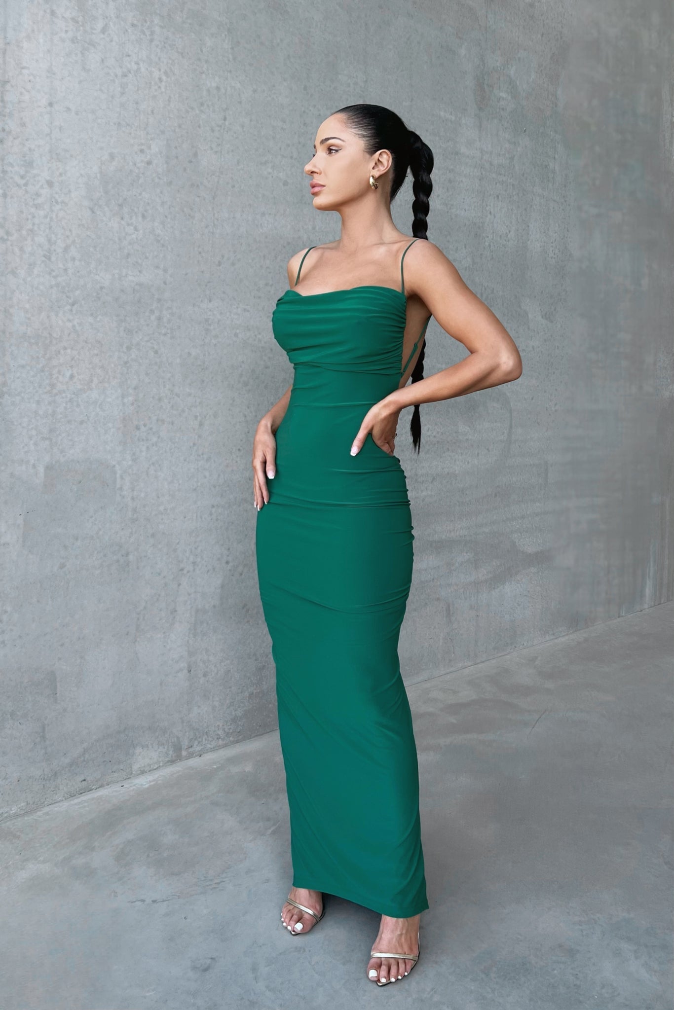 MÉLANI The Label CELINA Emerald Bum Ruched Backless Dress