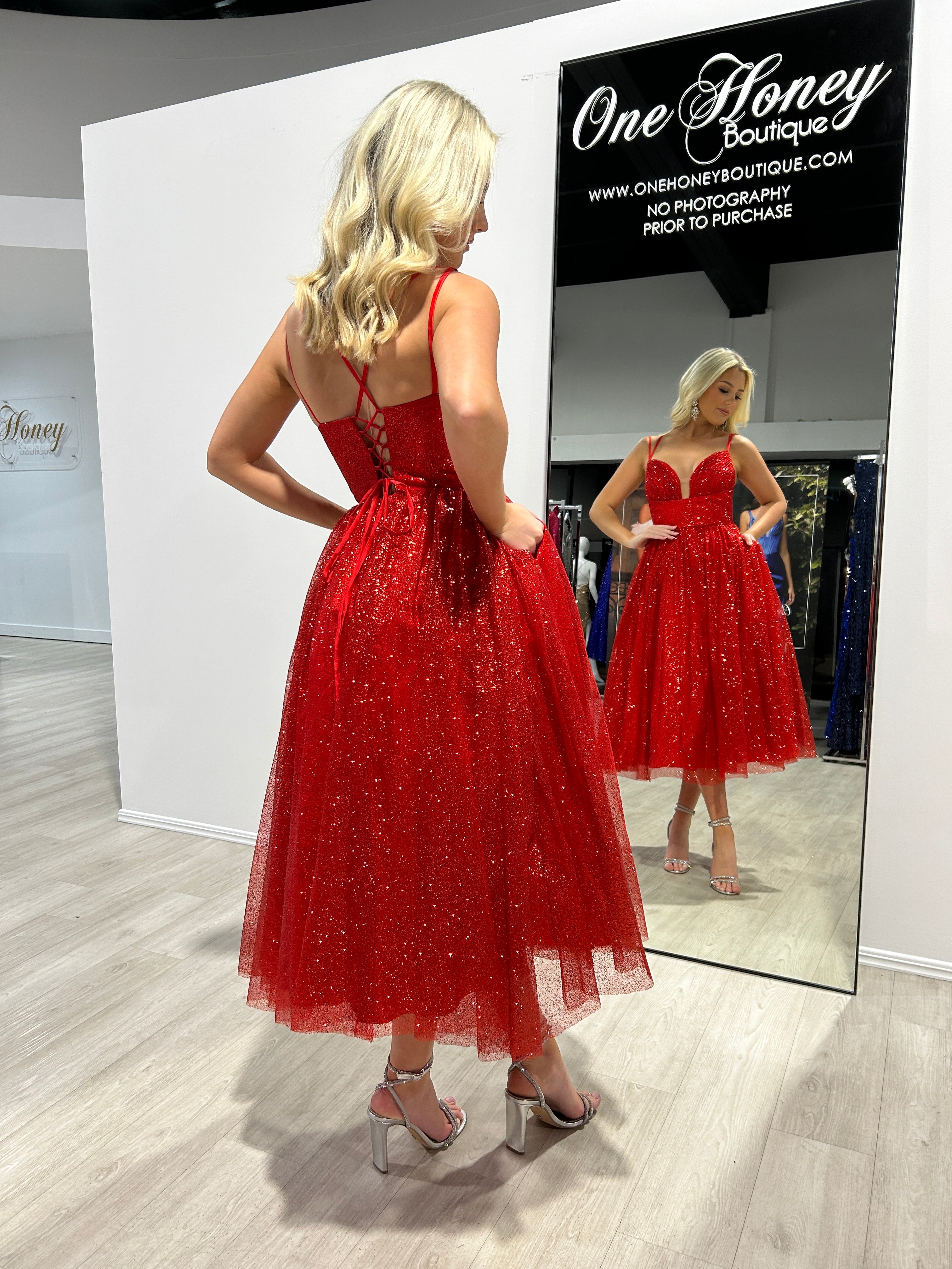 CAM Glitter Tea Length Ball Gown Corset Midi Dress with red glitter bodice and layered tulle skirt. Brisbane to Gold Coast Australia.