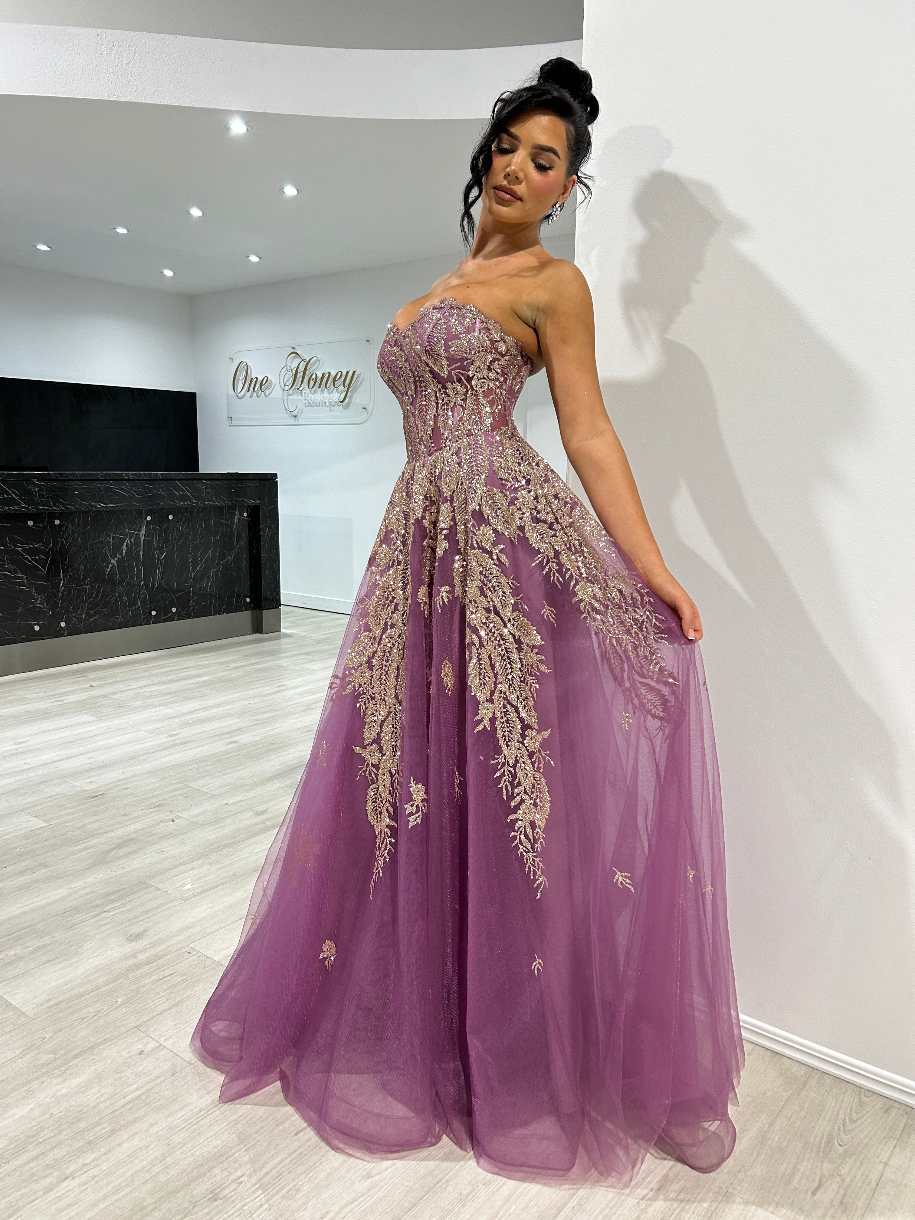Honey Couture MERCER Gold Violet Strapless Glitter Ball Gown Formal Dress