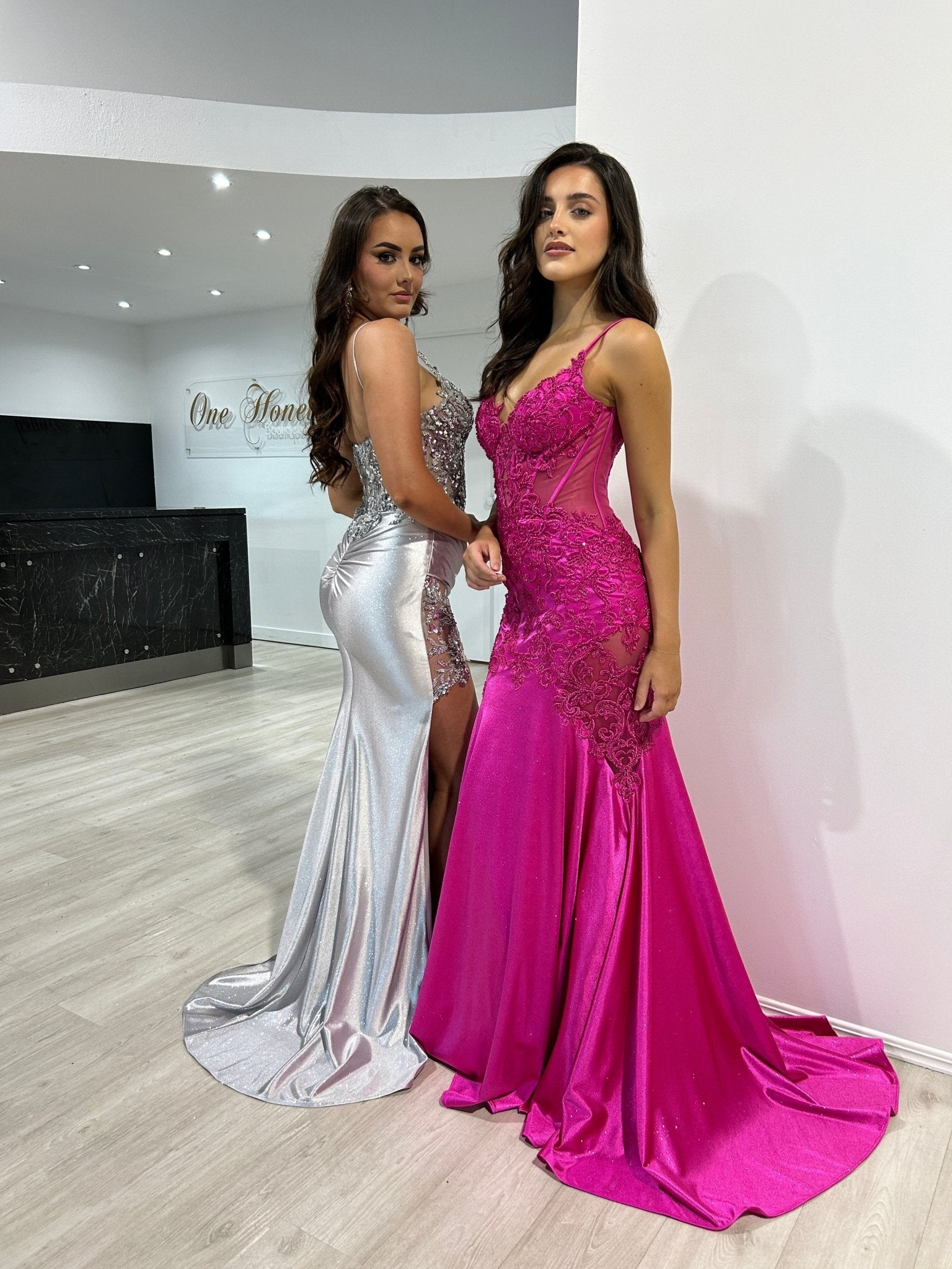 JEAN Lace & Glitter Fishtail Trumpet Formal Dress in Australia | One Honey Boutique