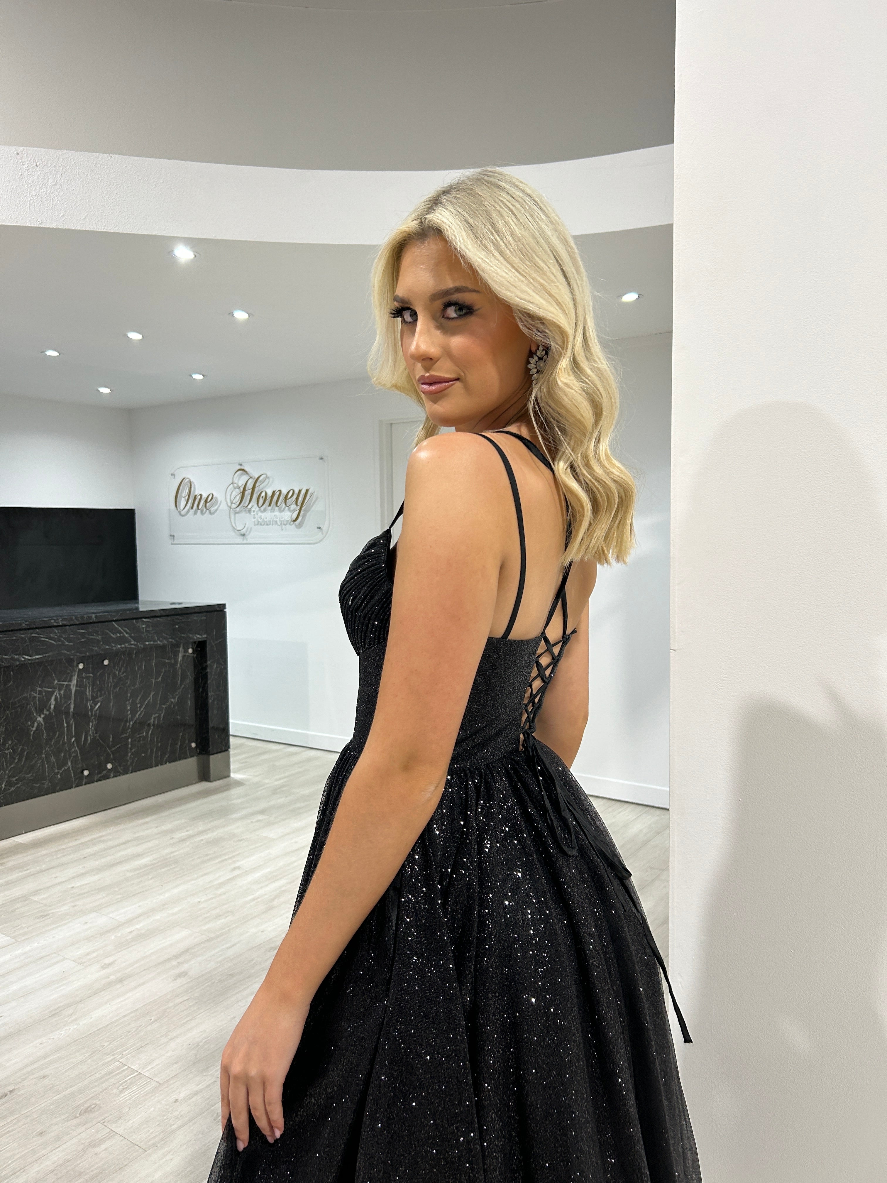 CAM Glitter Tea Length Ball Gown Corset Midi Dress with glittered bodice and lace-up back, evening gown. Brisbane to Gold Coast