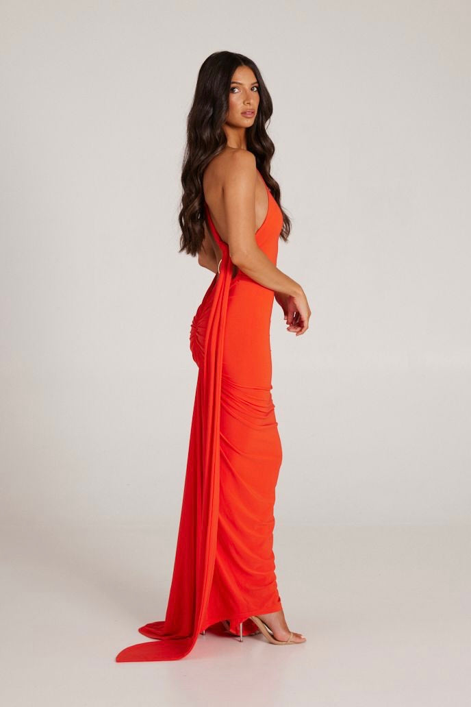 MÉLANI The Label CONSTANTINA Tangerine Asymmetric Halterneck Midi Dress