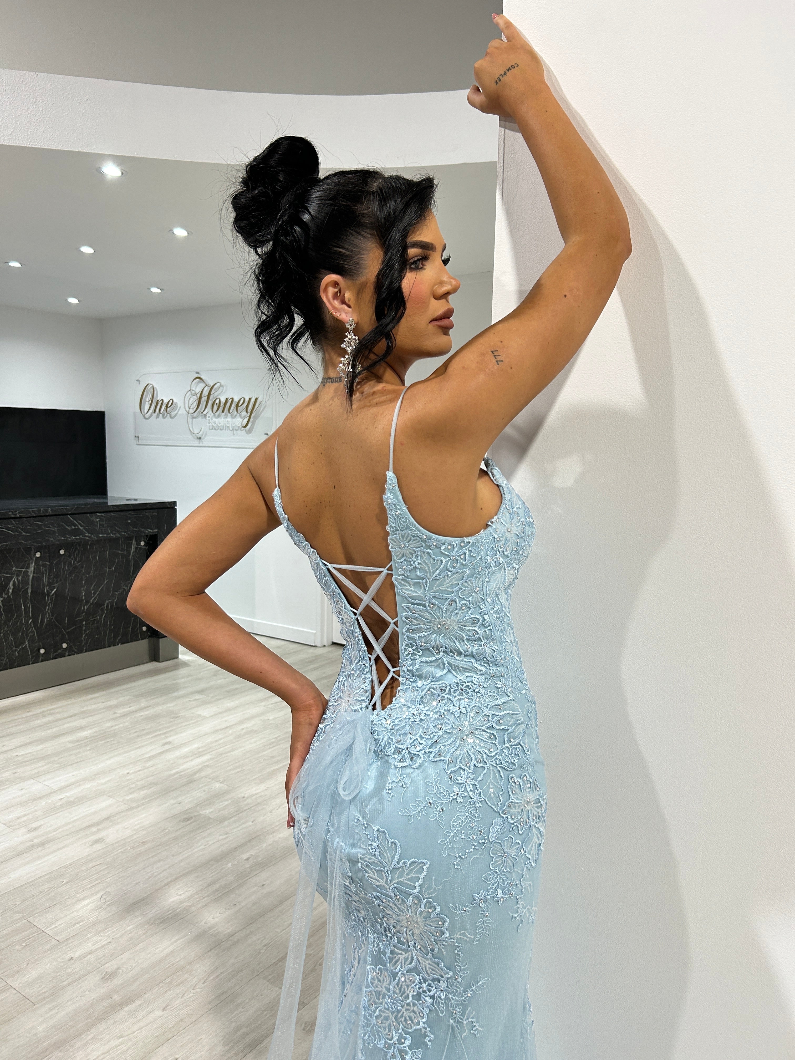 Honey Couture MILA Blue Lace Sequin Fishtail Mermaid Formal Dress