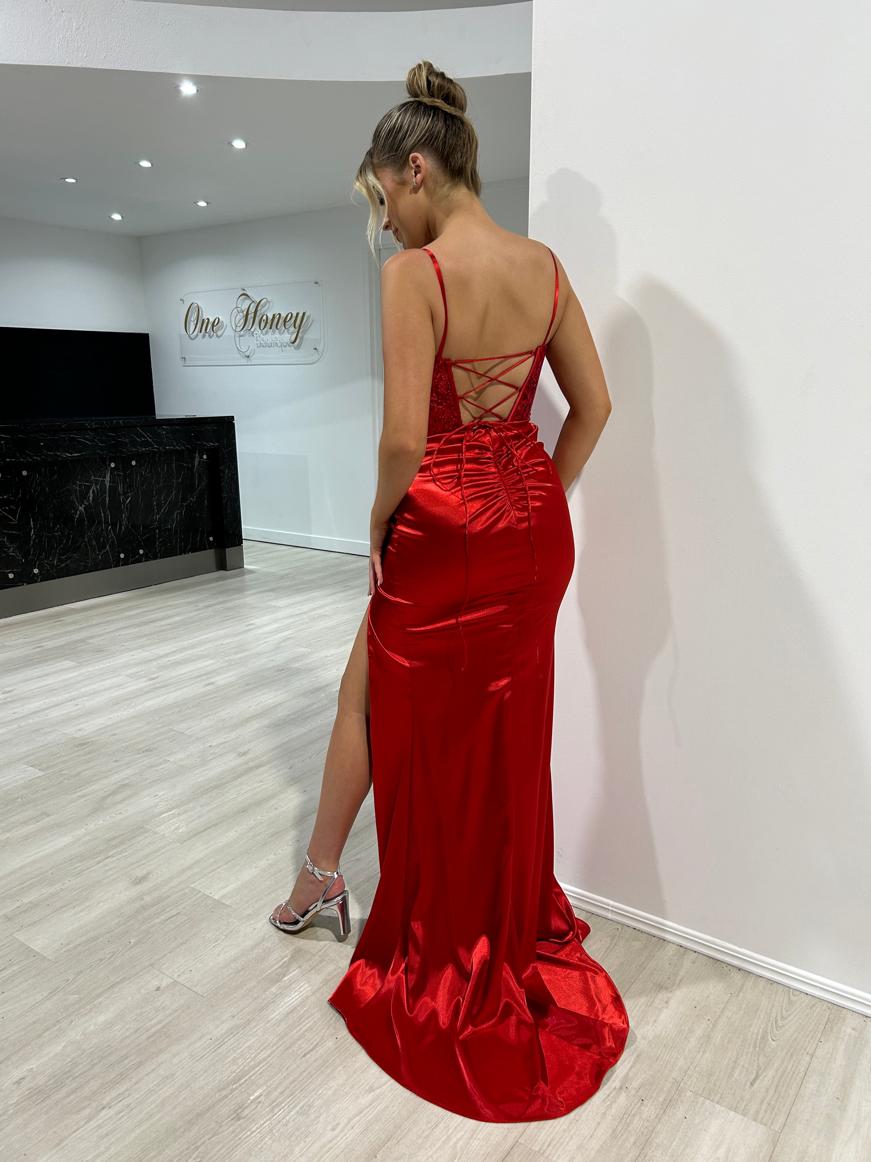 Honey Couture JAZLIN Red Embellished Bustier Satin Mermaid Formal Dress