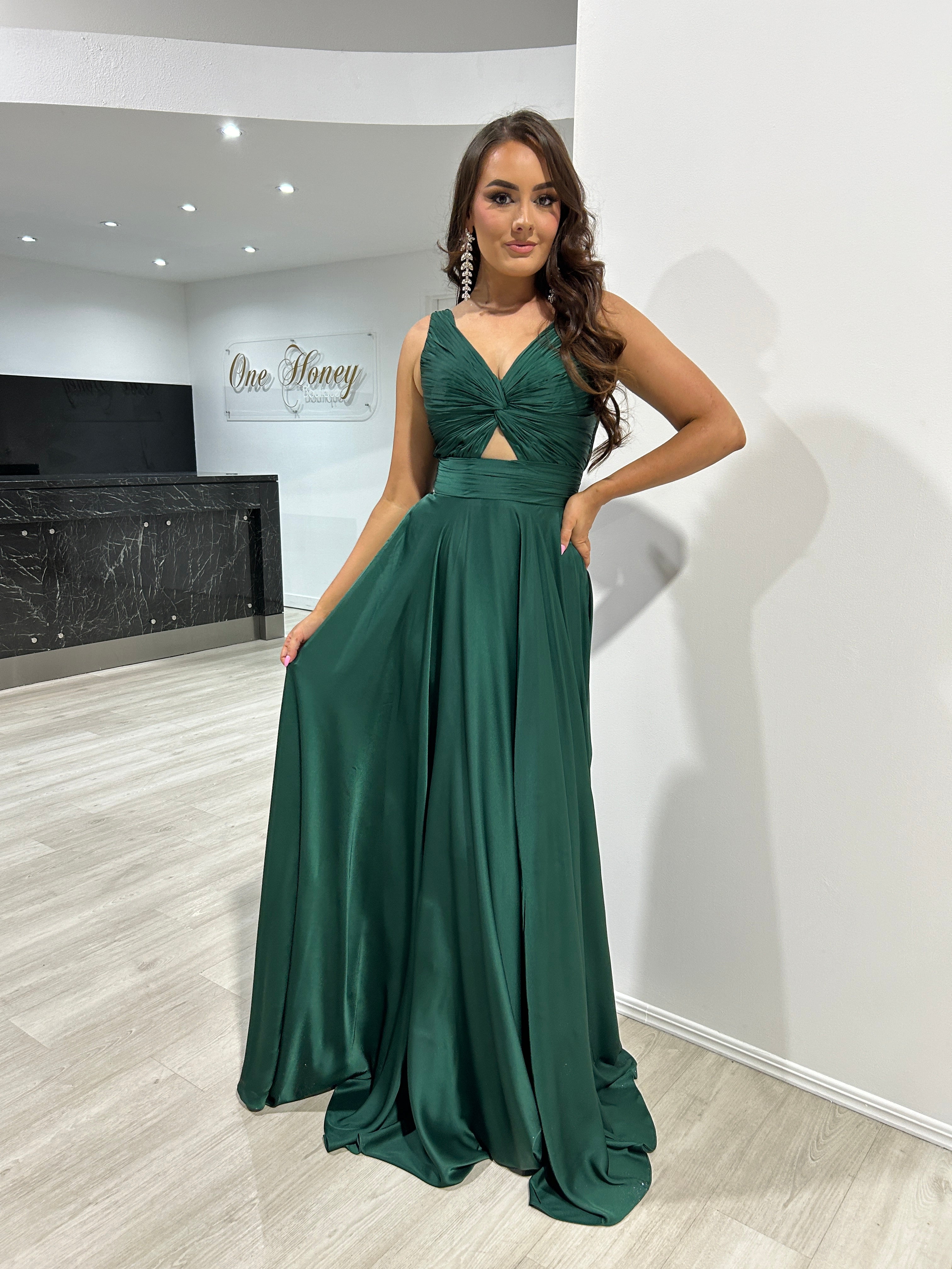 Model wearing Honey Couture WILLOWMENA emerald green keyhole A-line dress, from Australian designer. Perfect bridesmaid or evening gown.