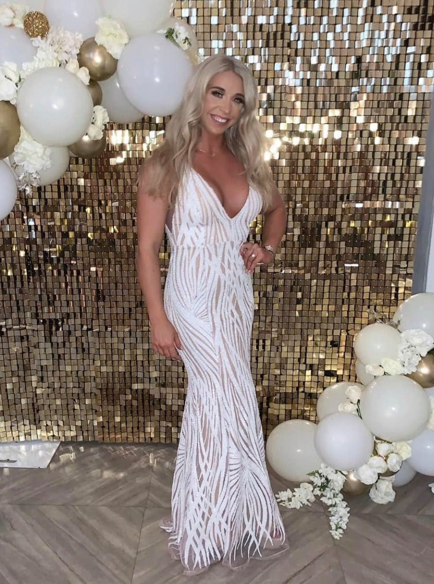 Honey Couture YASMIN White & Nude Sequin Formal Gown {vendor} AfterPay Humm ZipPay LayBuy Sezzle