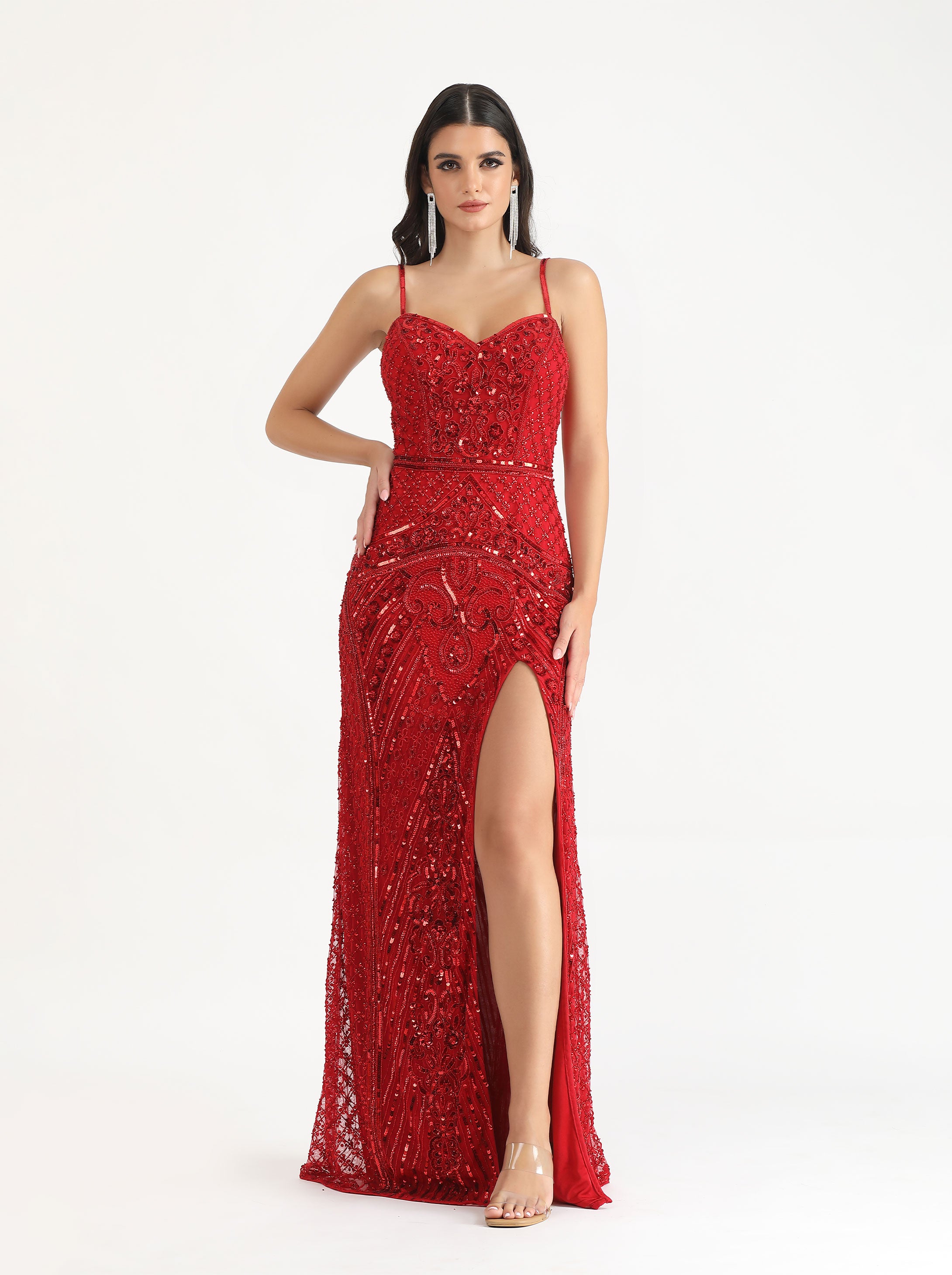 Red beaded mermaid prom dress with sweetheart neckline and thigh-high slit. Elegant and glamorous gown. Brisbane to Gold Coast, Australia.