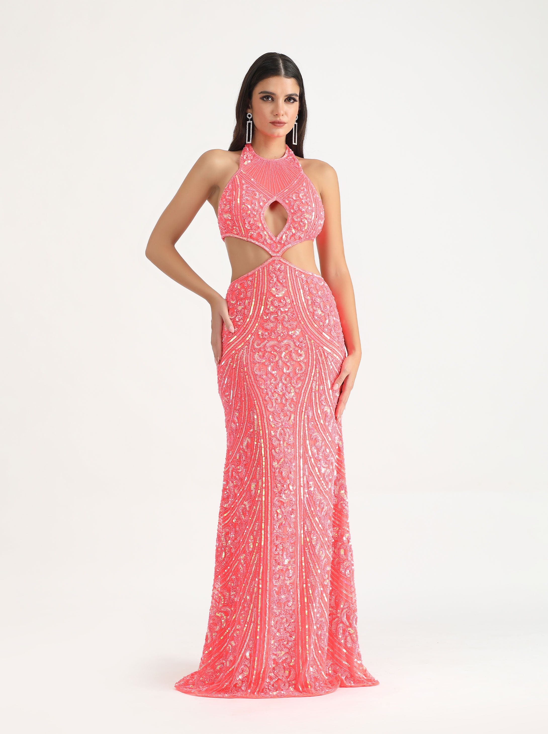 BELLE COUTURE 9130 Beaded pink halter neck prom gown with keyhole cutout. Elegant formal dress from Brisbane to Gold Coast.