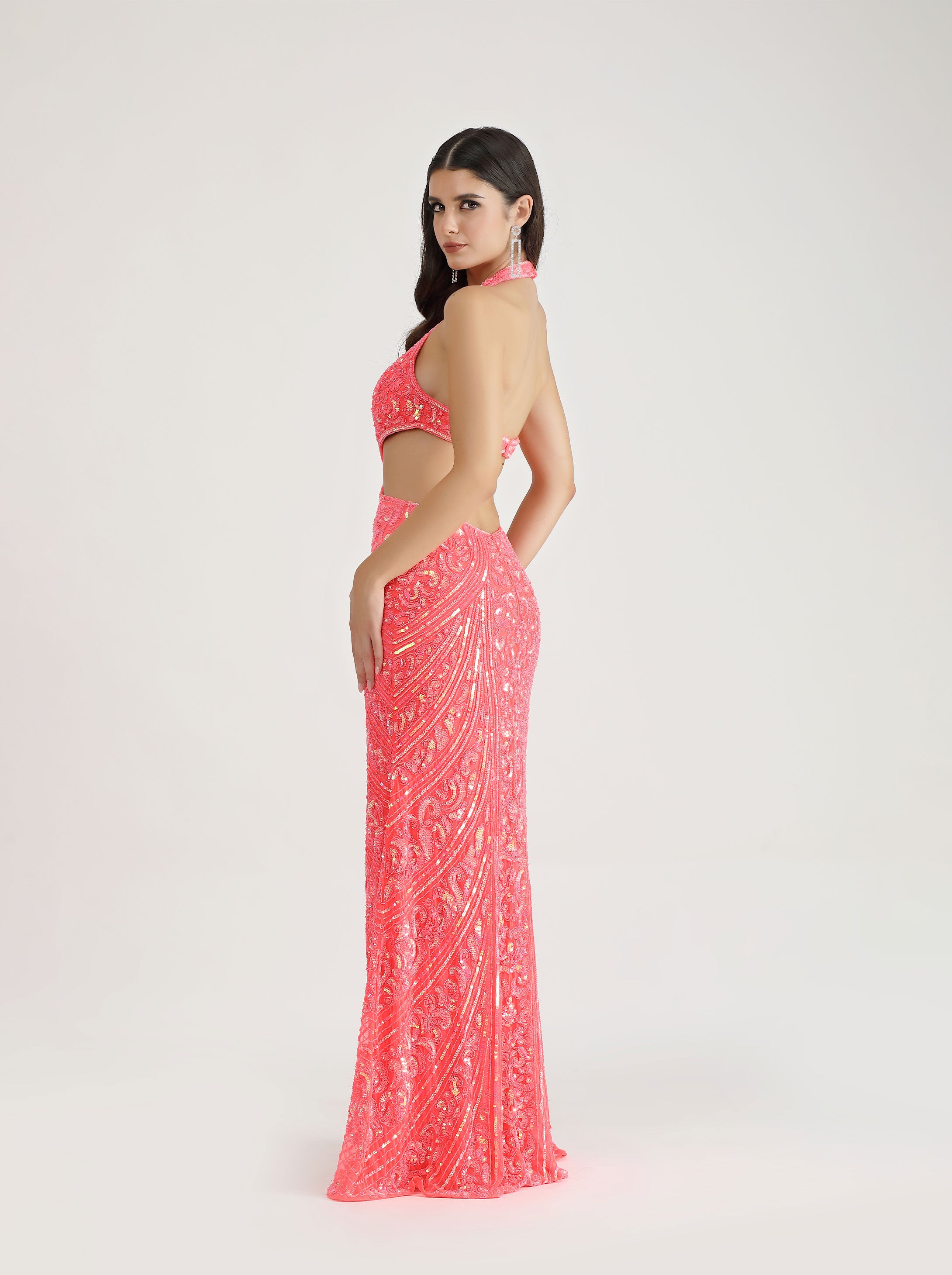 BELLE COUTURE 9130 coral beaded gown with halter neck and open back, ideal for prom and formal events. Brisbane to Gold Coast.