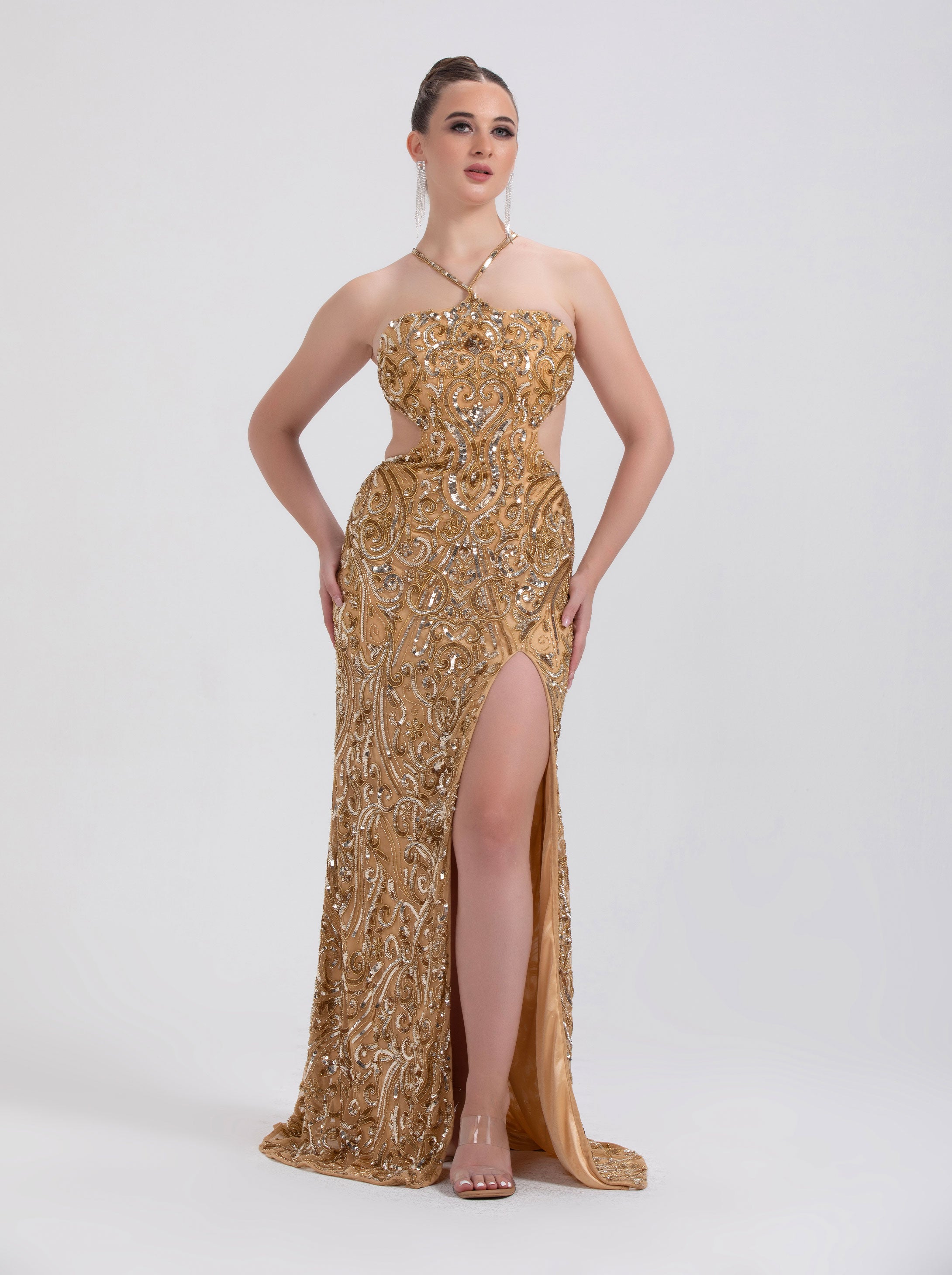 BELLE COUTURE 9131 beaded halter cut out prom dress with intricate beadwork and open back. Perfect for Brisbane to Gold Coast.
