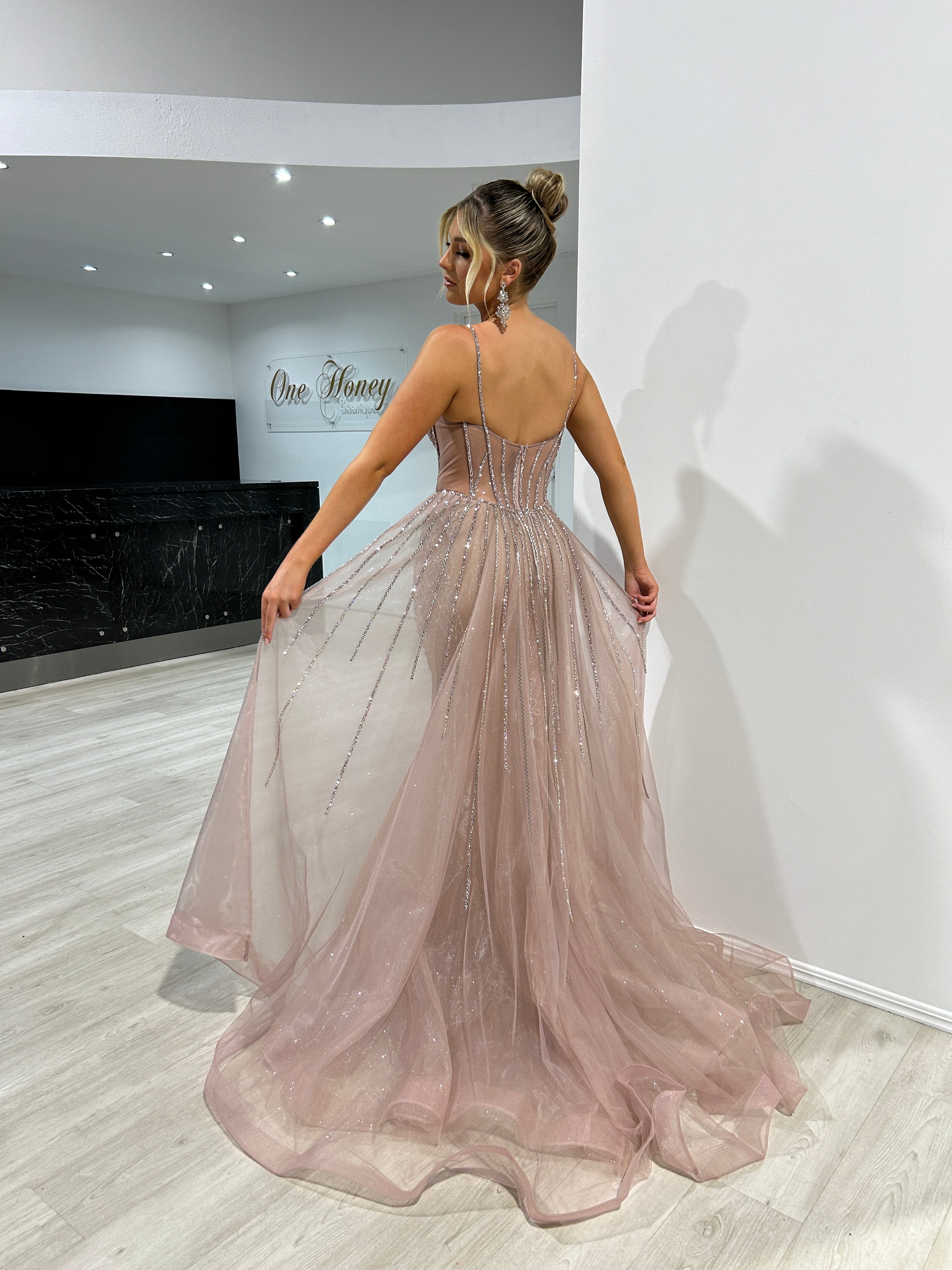 Honey Couture RESTORA Rose Champagne Beaded Overskirt Formal Dress