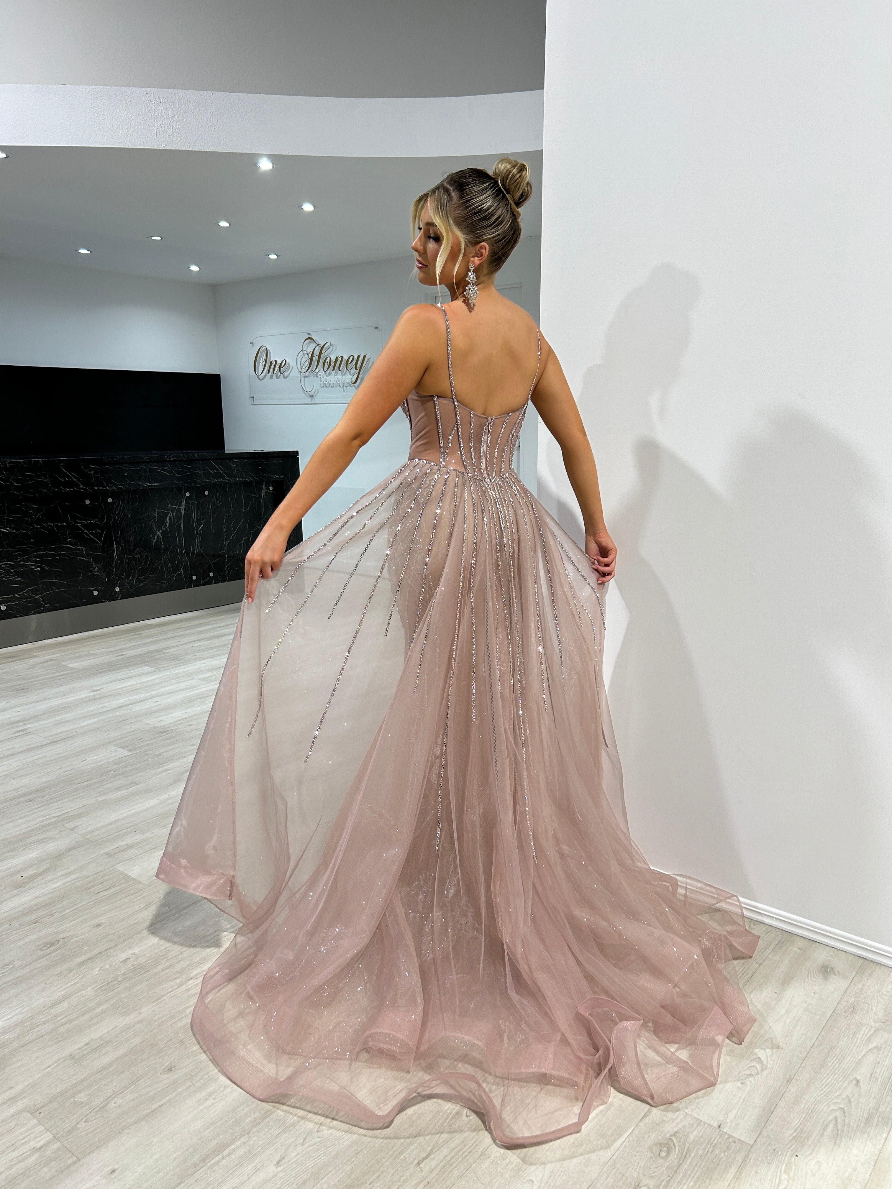 RESTORA Couture Diamante Overskirt Evening Gown with Beaded Tulle, perfect for elegant events. Brisbane to Gold Coast, Australia.