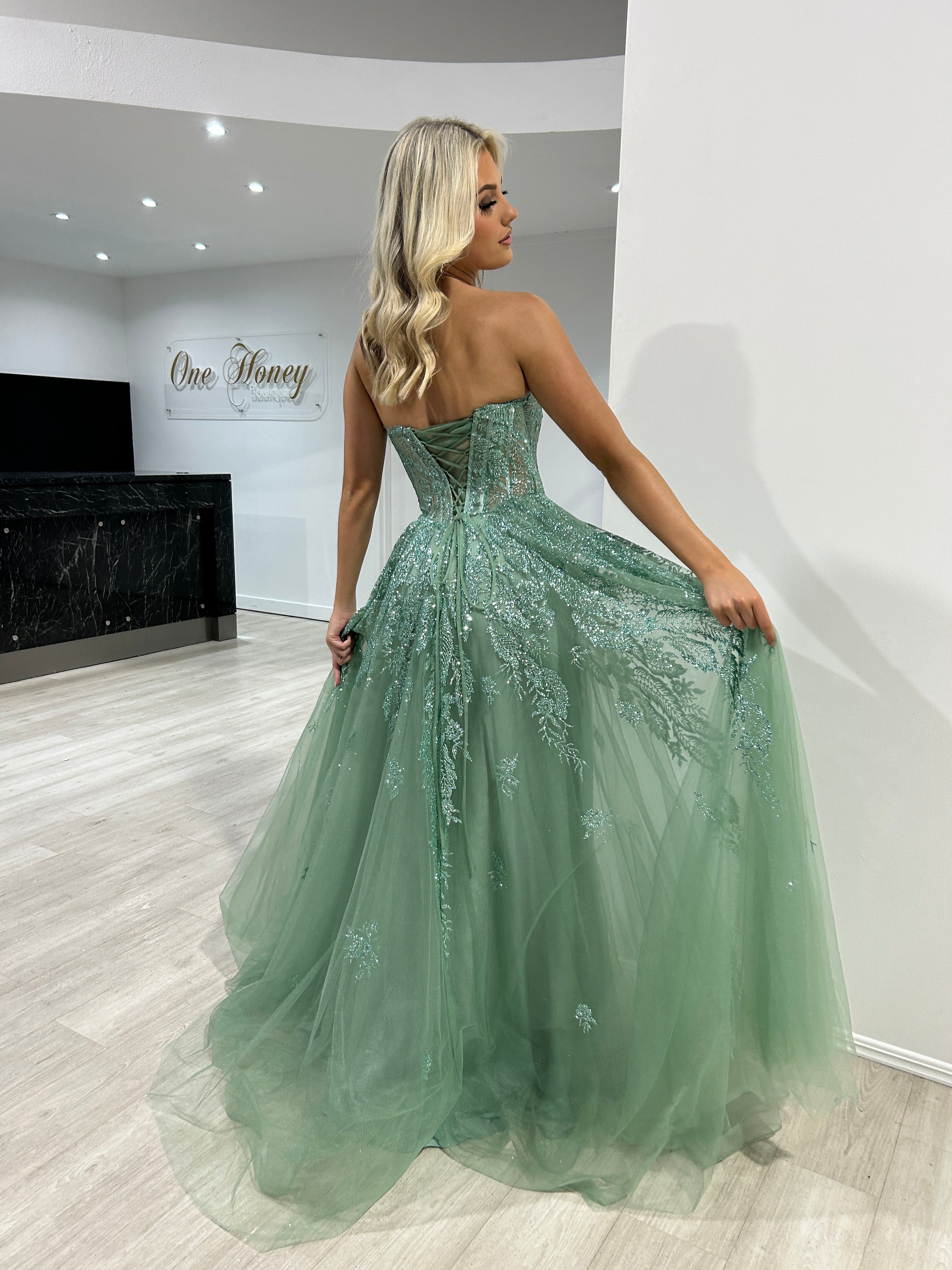 Honey Couture MERCER Sage Strapless Glitter Ball Gown Formal Dress