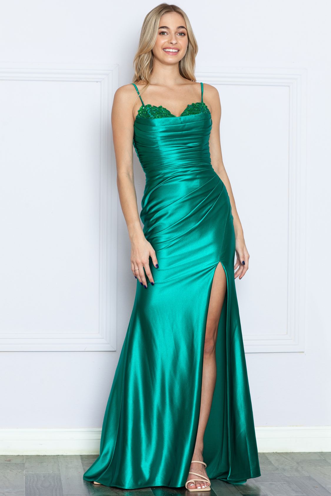 TARAJI Pleated Bodice Thin Straps Silky Prom & Formal Dress with rhinestone embellishments, sheath silhouette. Perfect for prom. Brisbane to Gold Coast.