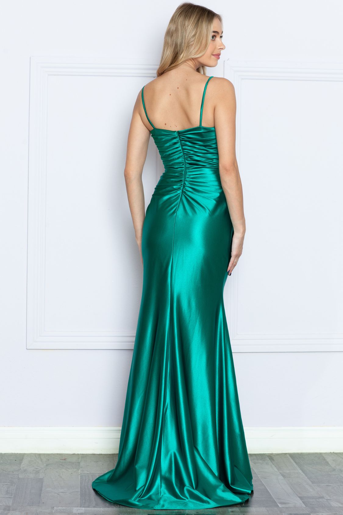 TARAJI Pleated Bodice Thin Straps Silky Prom Dress with rhinestone embellishments, school formal gown. Brisbane to Gold Coast.