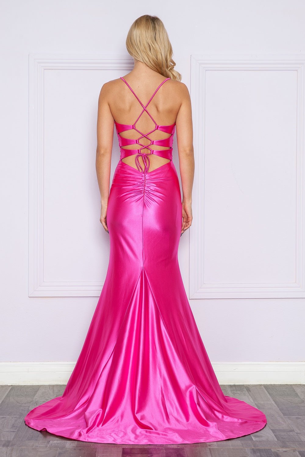 JABARI V - neck Cut Out Back Satin Mermaid Prom & Formal Dress in Australia | One Honey Boutique