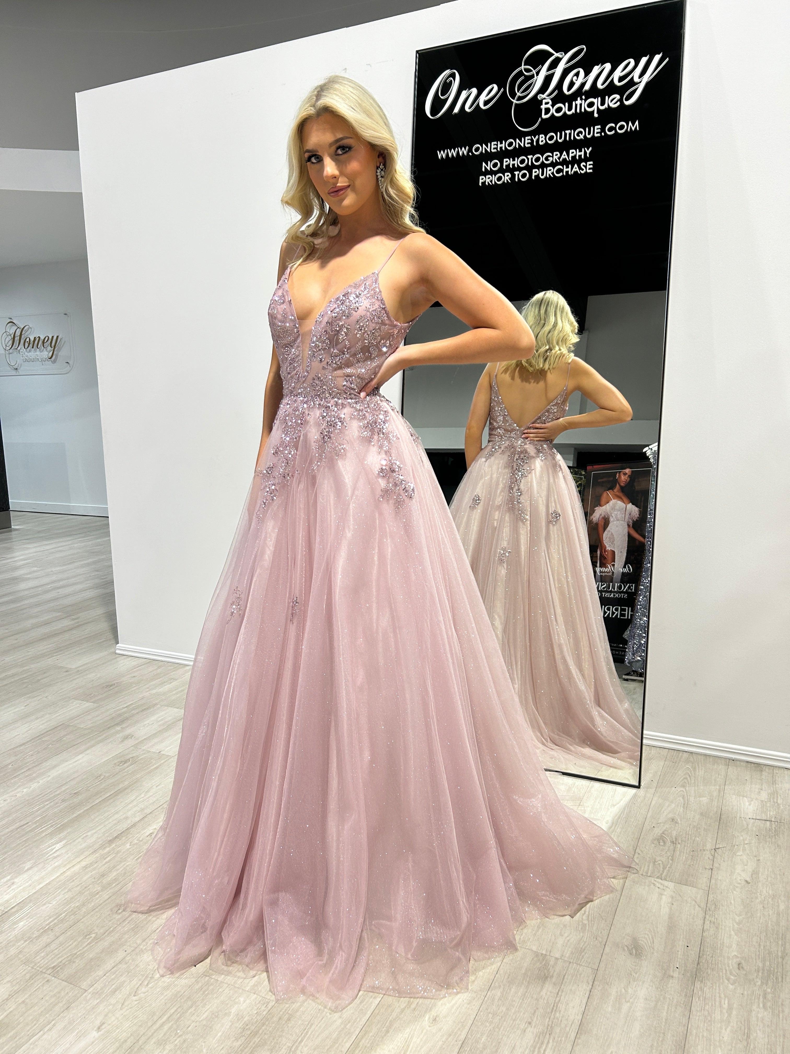 Honey Couture IRENA Dusty Rose Tulle Glitter A-Line Formal Dress on model; Australian Designer Prom and Evening Gown, limited edition.