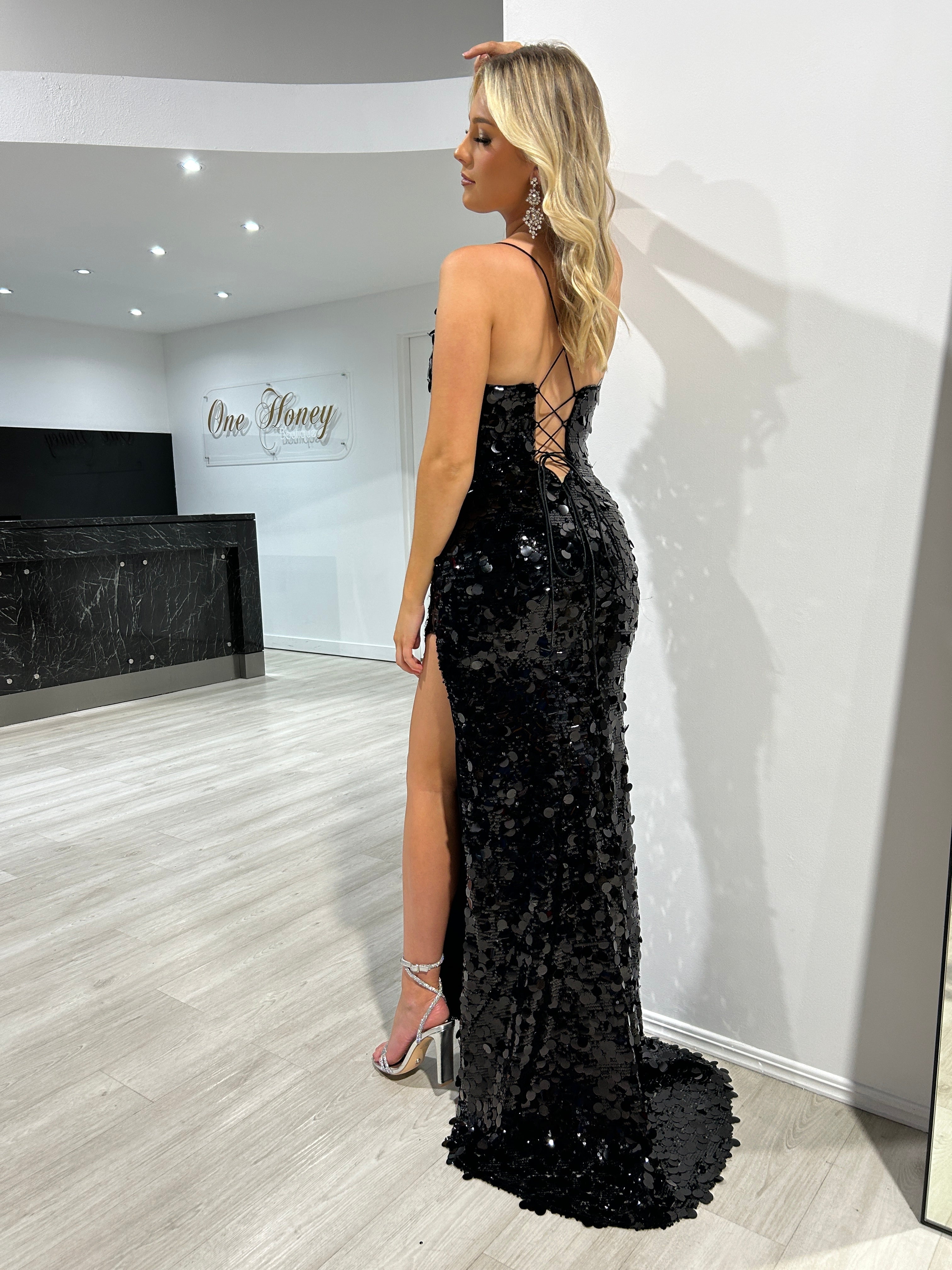 Honey Couture MADONNA Black Paillette Sequin Mermaid Formal Gown Dress