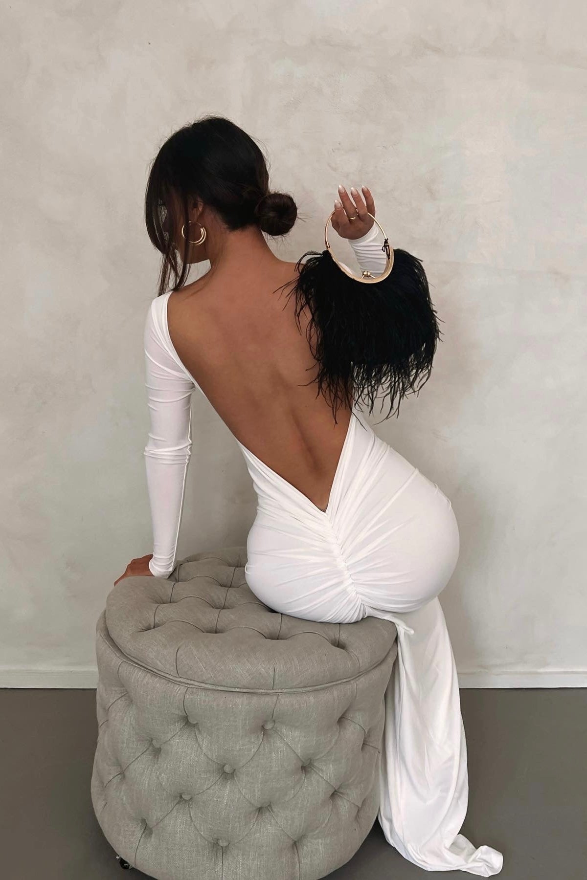 MÉLANI The Label CAMILA White Long Sleeve Backless Semi Formal Midi Dress