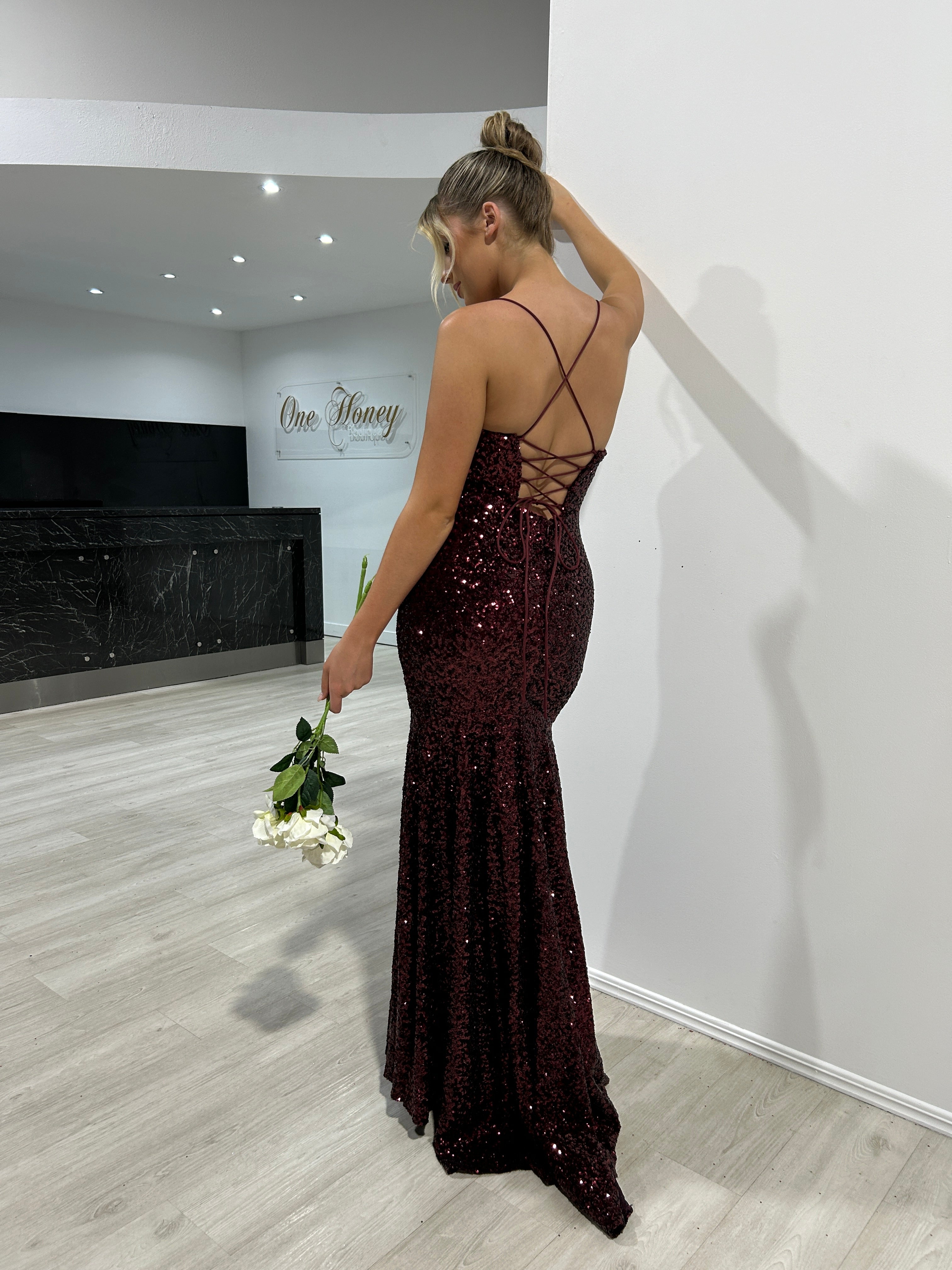 Honey Couture NORMA Burgundy Sequin Mermaid Formal Dress