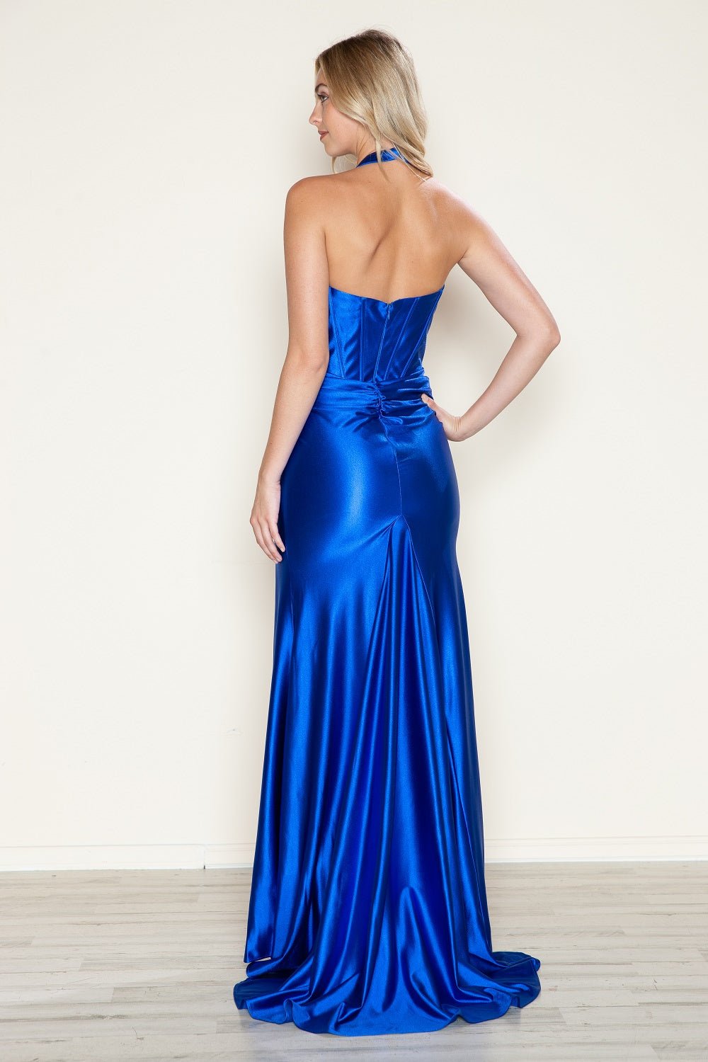 ISSA Beaded Satin Halter Neck Fitted Prom & Formal Dress in Australia | One Honey Boutique