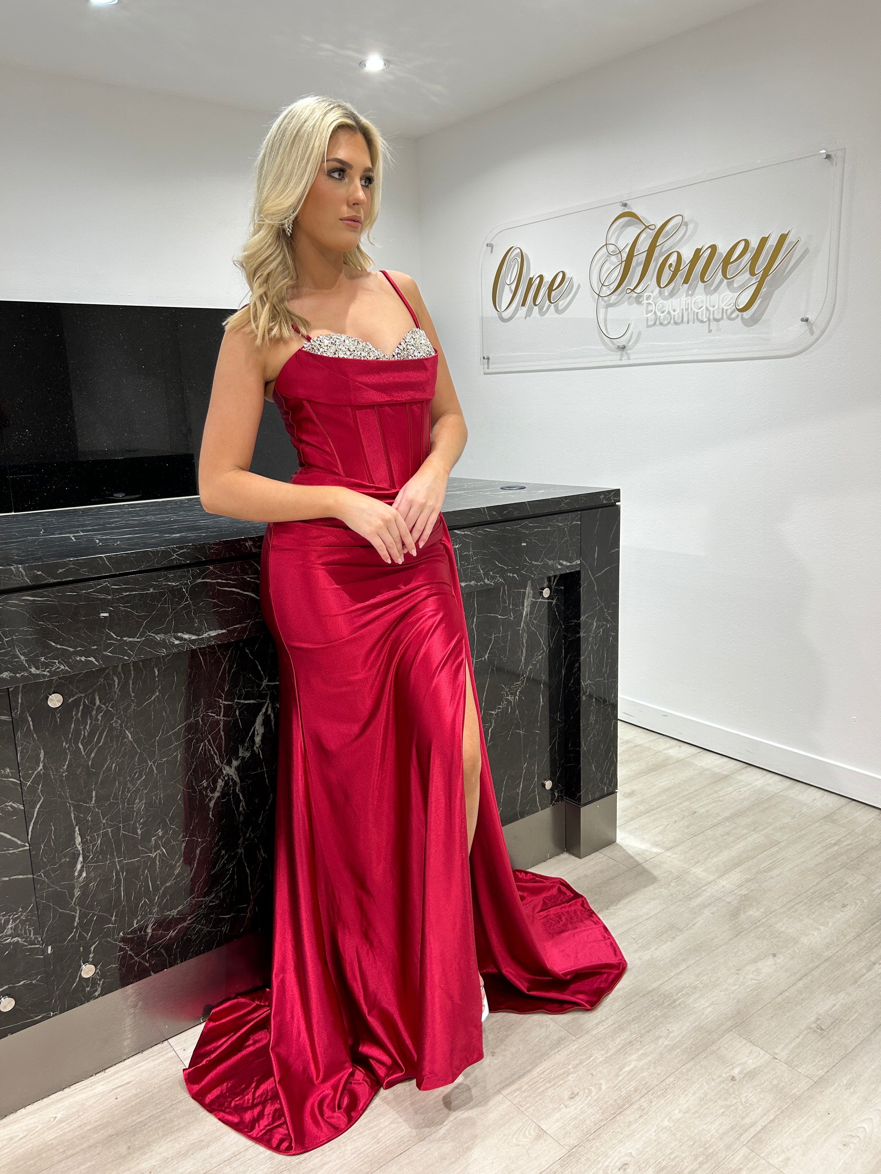 EMILIA Sweetheart Beaded Detail Corset Bustier Silky Mermaid Formal Dress with leg split, evening gown. Brisbane to Gold Coast