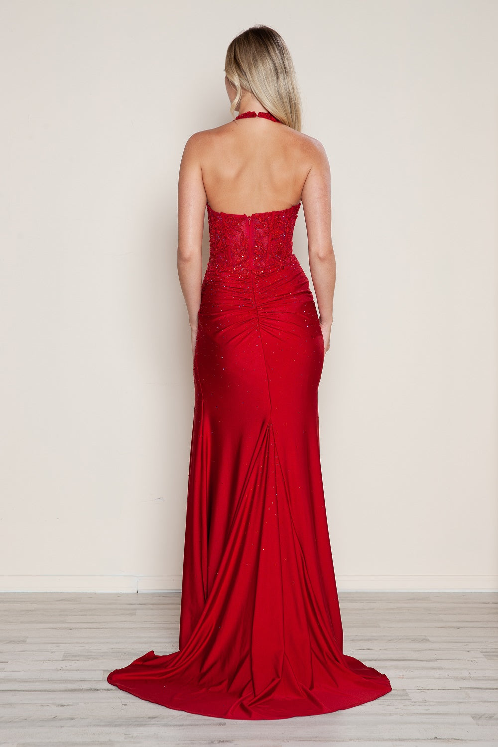 KELINE Applique Jersey Halter Dress with bead embellishments, prom gown with open back, Brisbane to Gold Coast, Australia.