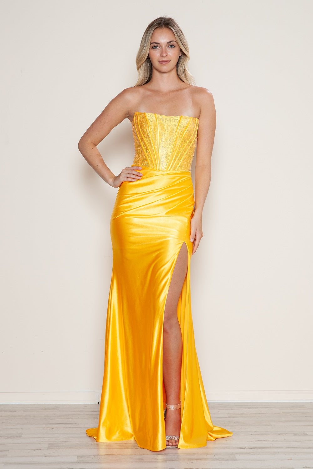 MAKENA Beaded Satin Corset Slit prom gown. Features yellow beaded bodice and satin slit. Brisbane to Gold Coast, Australia.